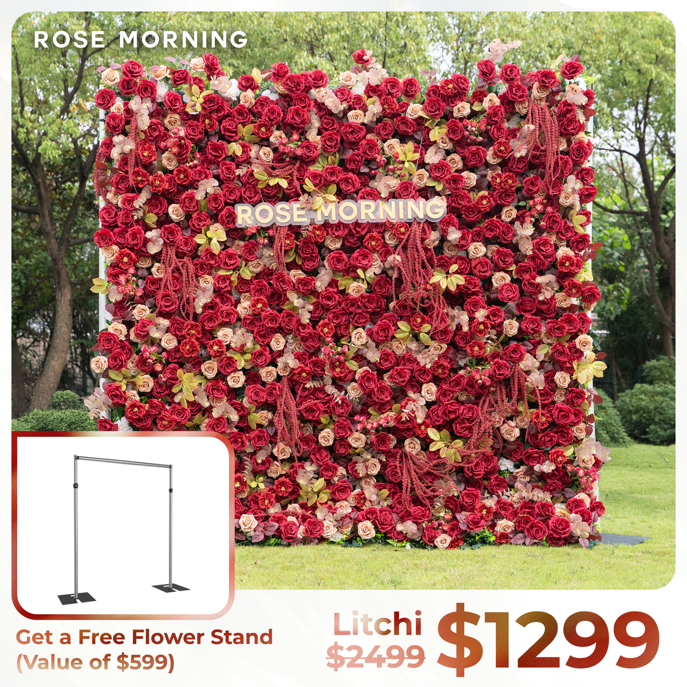 litchi:5D Fabric Artificial zip up curtain flower wall + Free Flower Stand(Ready to ship-Only USA)