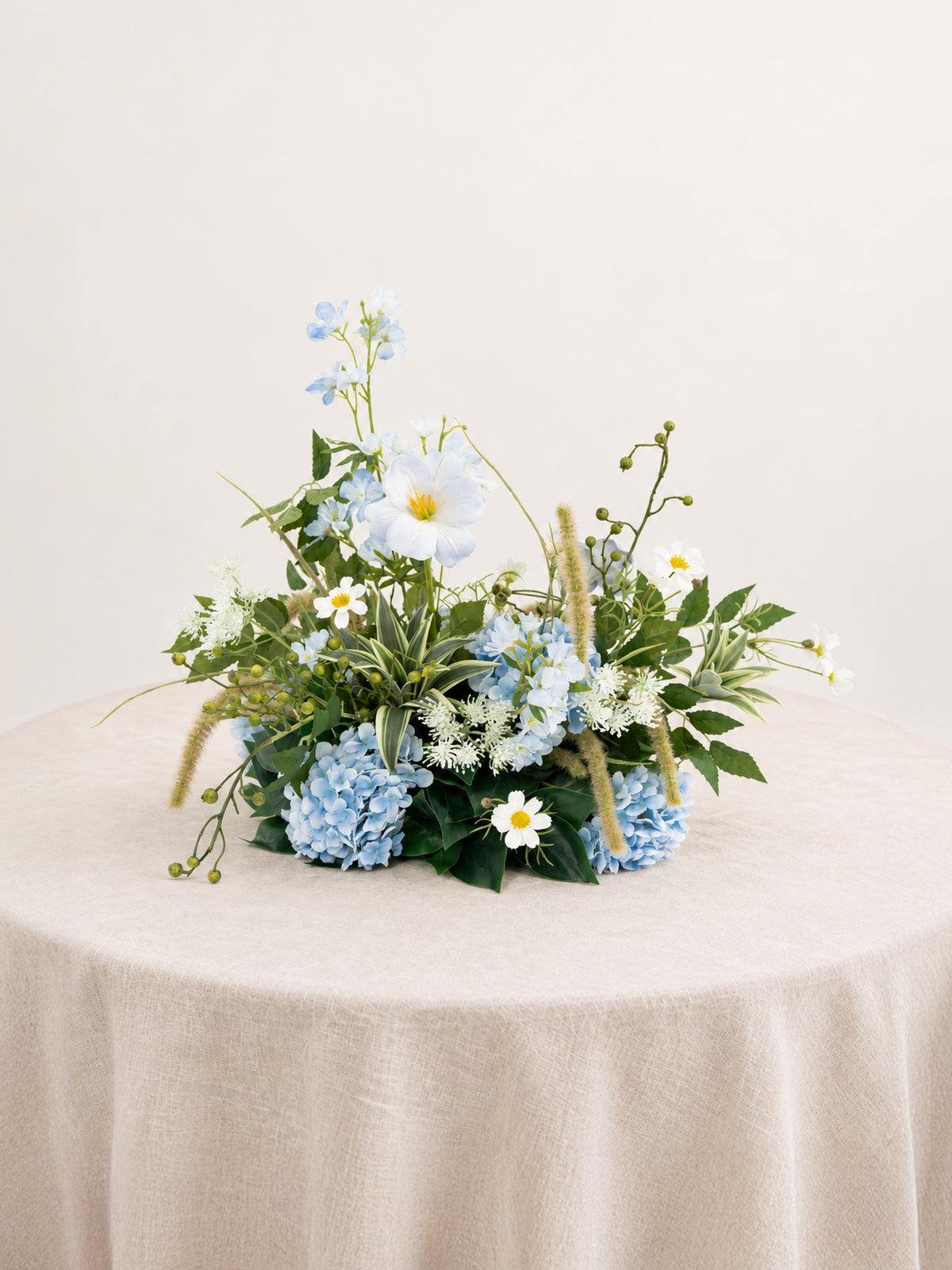 9" Tulips Greeenry Ammi Magus Small Floral Centerpiece for Wedding Reception Guest Tables in Powder Blue Meadow | Cora