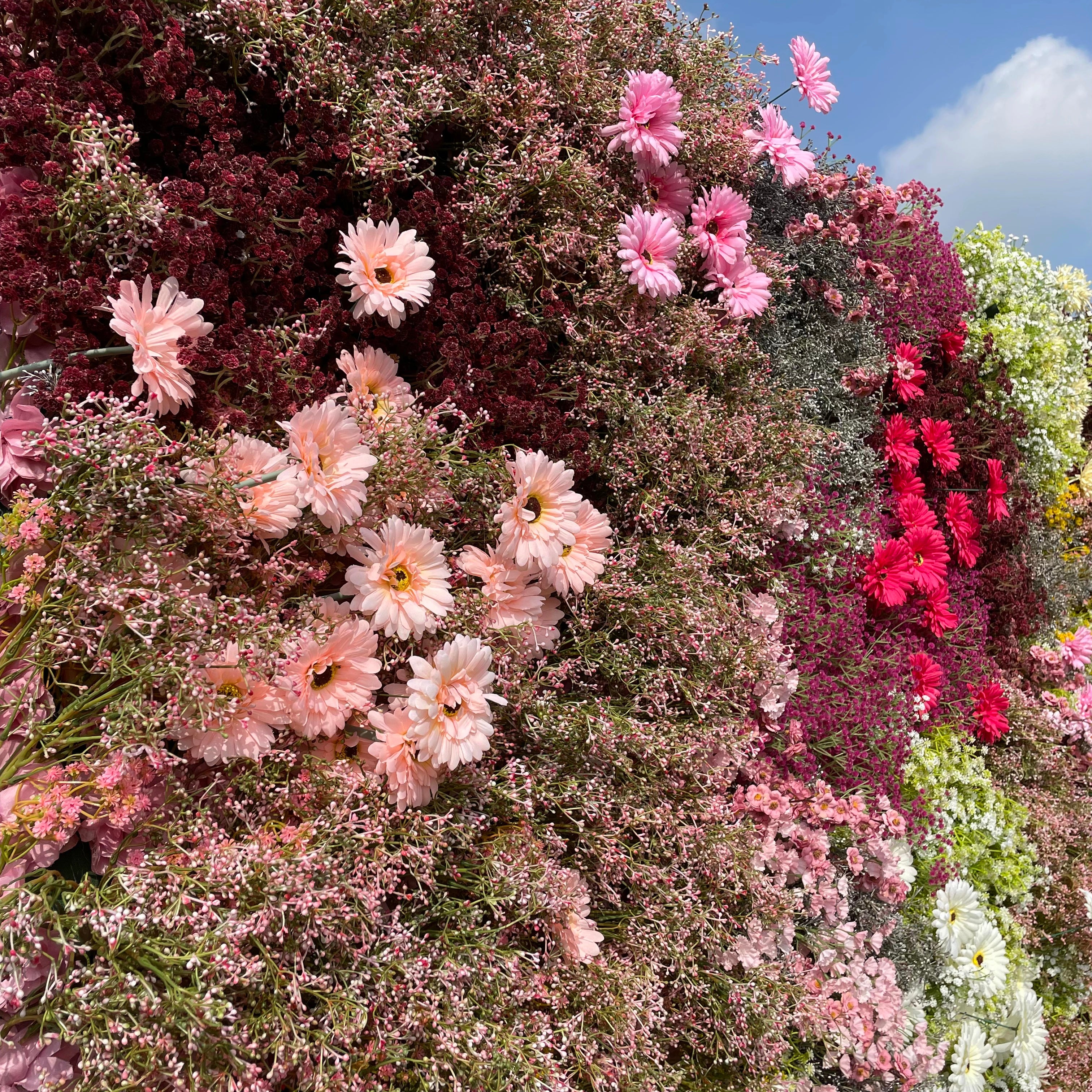Rose Morning“The flower walls are made of artificial flowers in various colors, layered at different levels to create a lush, elegant and natural look. The exclusive zipper design and roll-up design make it easy to install and remove.”