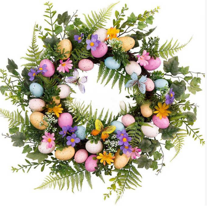 24“ Spring Easter Wreath with Pastel Eggs, Flowers and Greenery