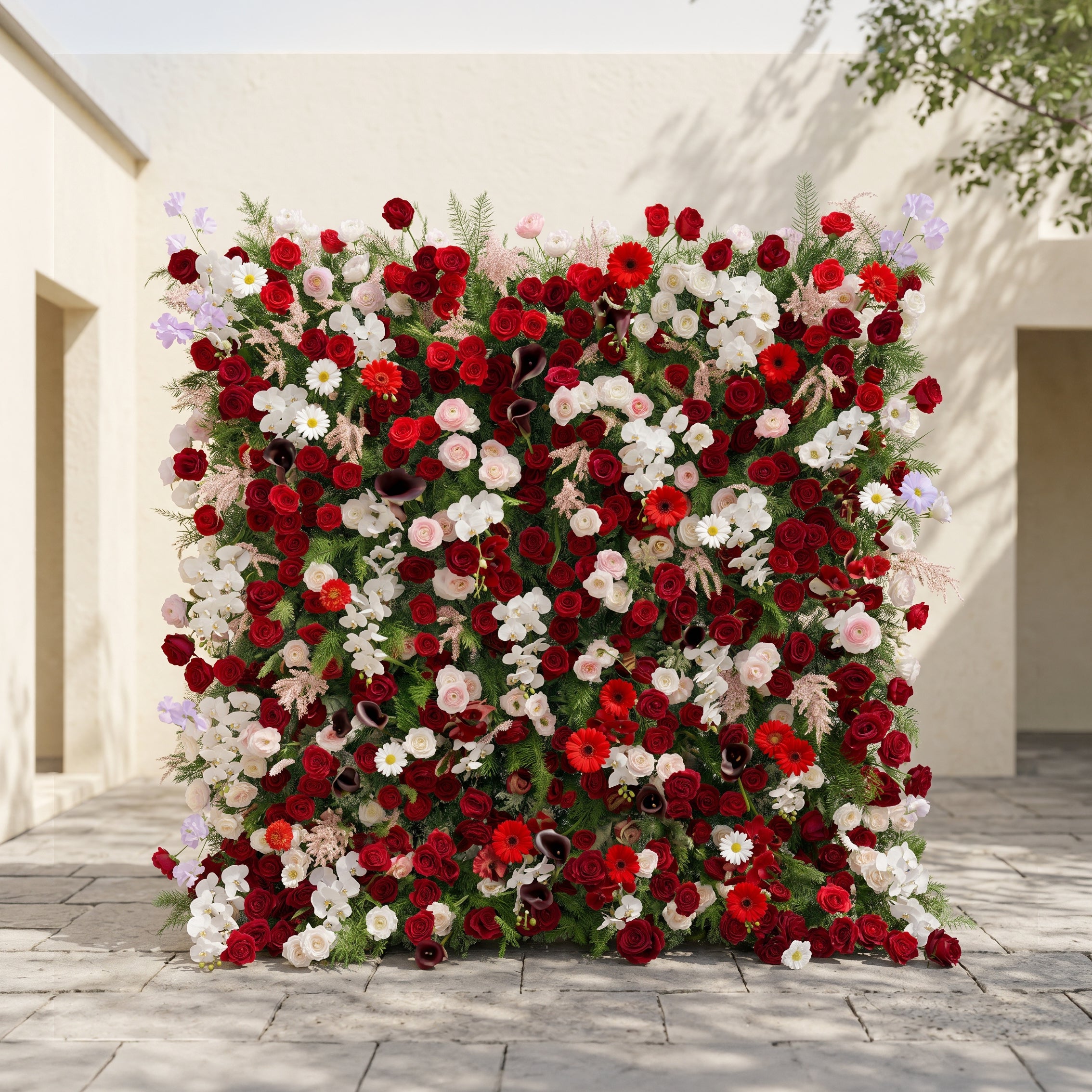 Maelelia: Premium 4D Crimson Rose & White Daisy Silk Flower Wall with Botanical Textures for Bold Branding Events