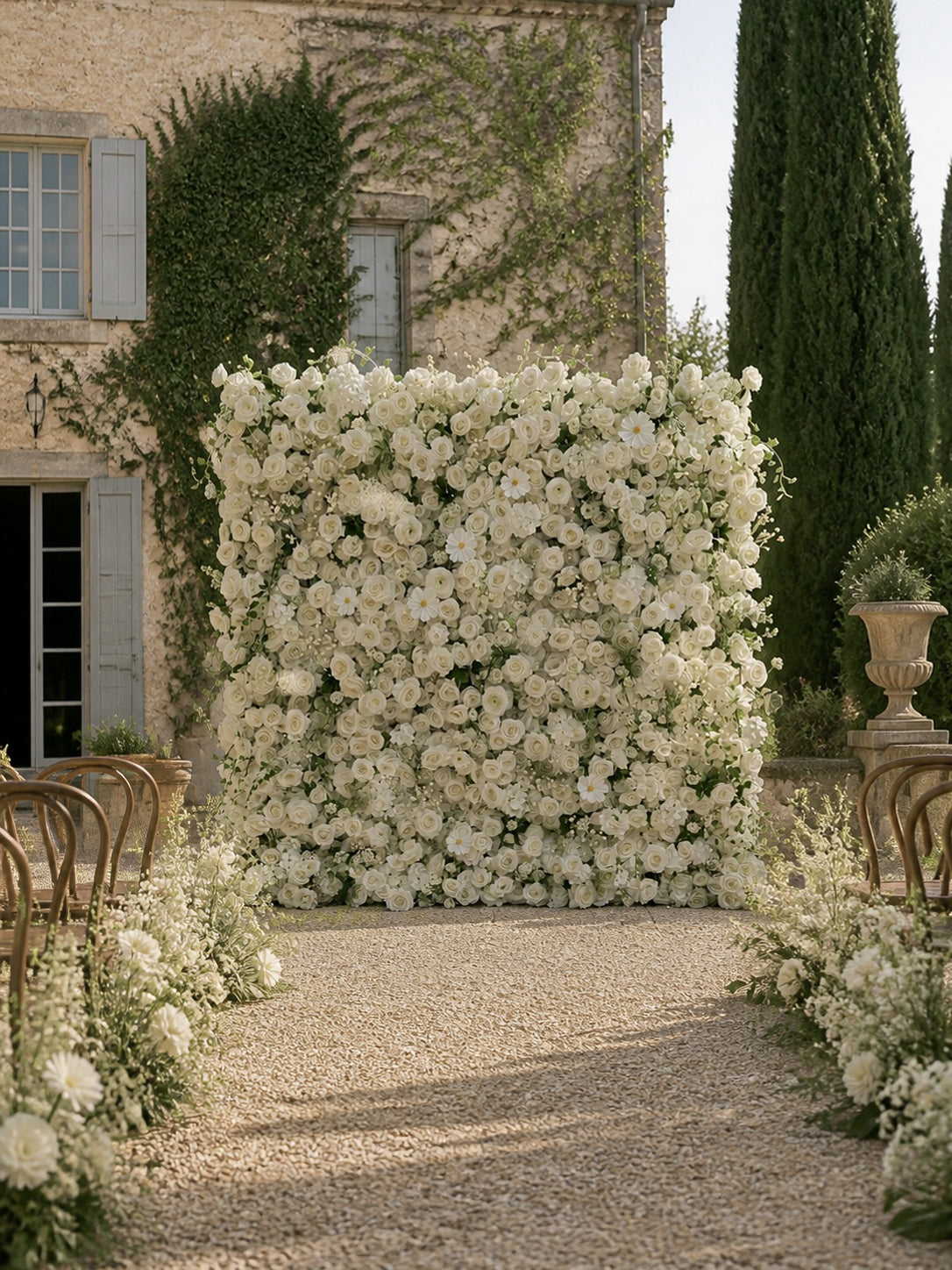 Rosiva:Luxury 5D All-White Floral Wall with Greenery Roll-Up Backdrop for Rustic Garden Weddings