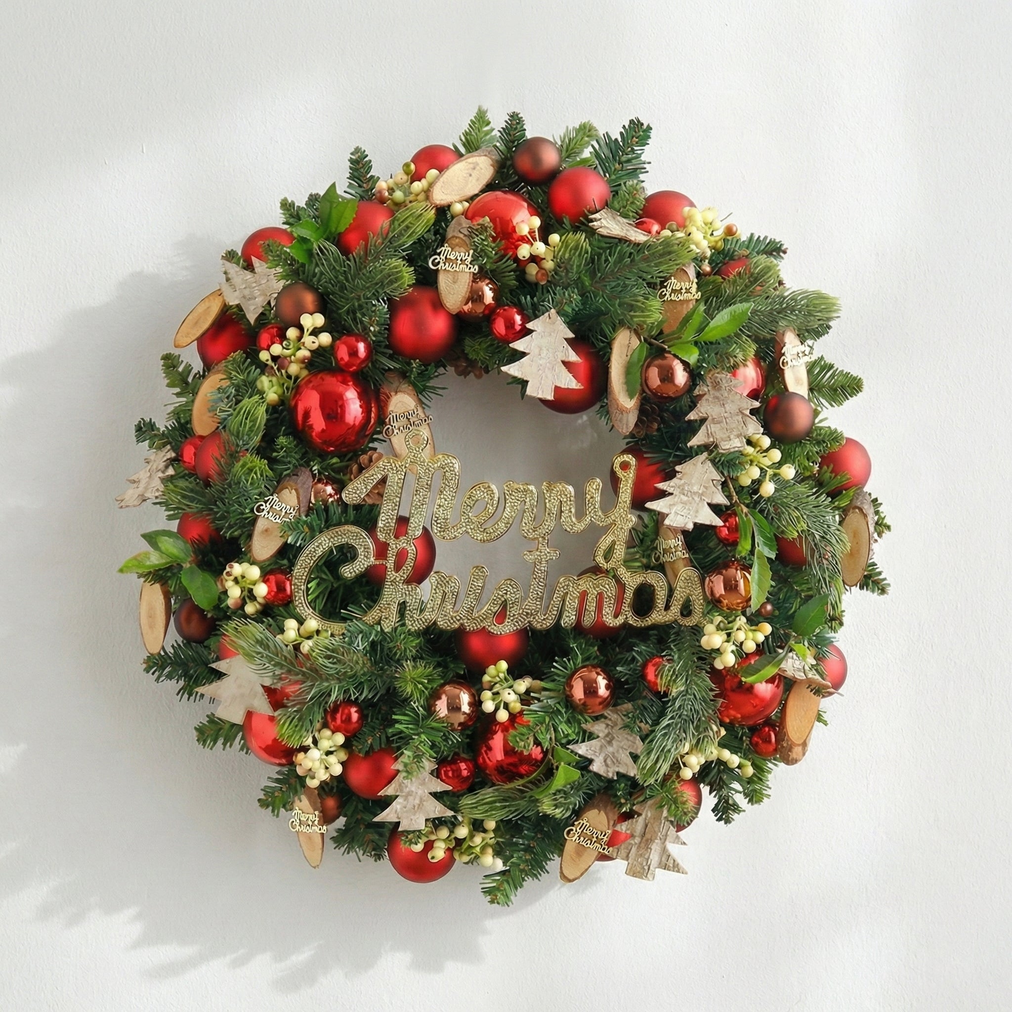 24 Inches Nordic Style Red Christmas Wreath with Wooden Accents and Ornaments