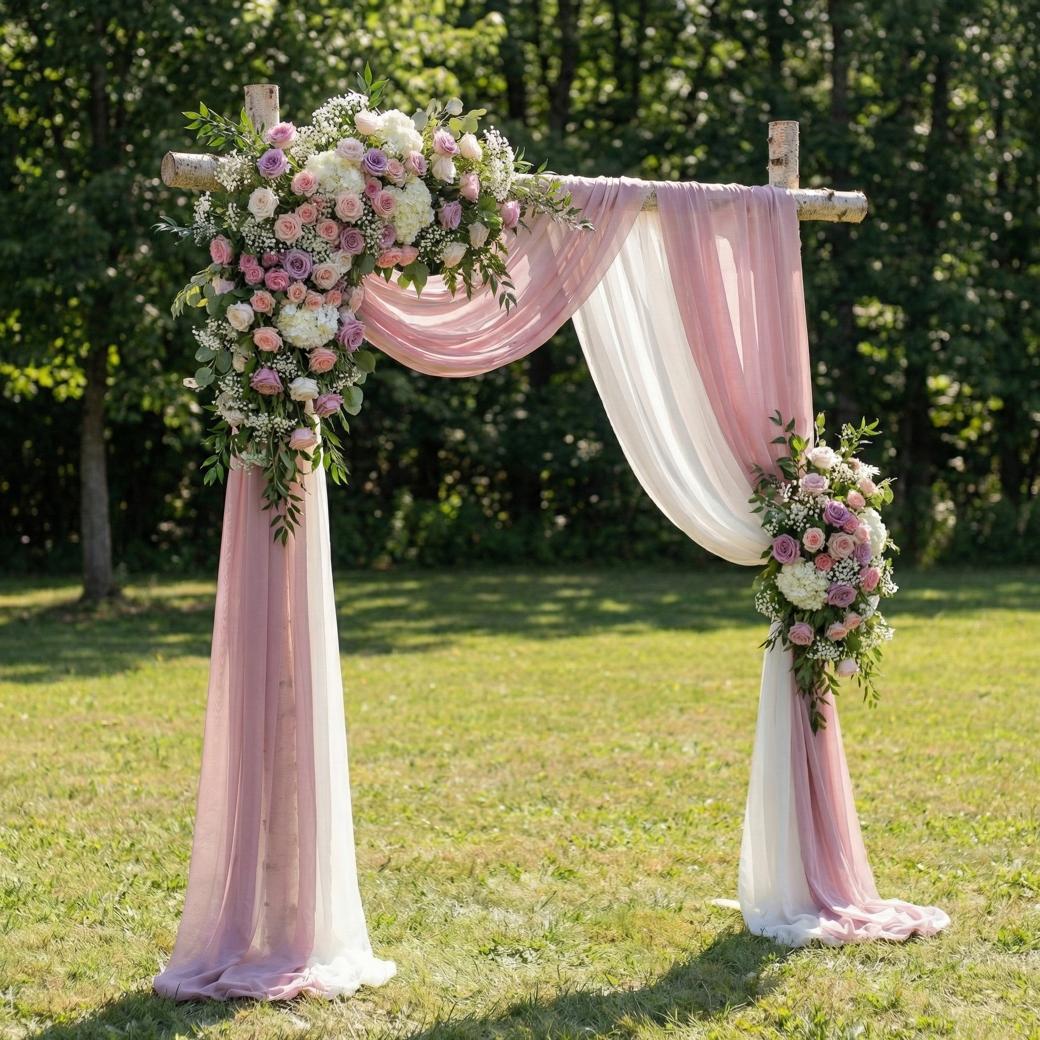 Romantic Dusty Rose and Mauve Wedding Arch Flowers with Chiffon Drapes Kit for Garden Ceremony Backdrop
