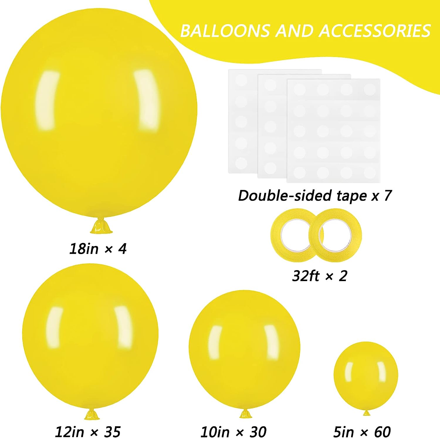 Yellow Balloon Decoration Set, includes 3 sets of balloons, including 12" round yellow balloons, 12" star yellow balloons and 12" heart yellow balloons. Balloons are made of high quality material and durable. Balloons can be used for a variety of occasions including birthday parties, wedding anniversaries, Valentine&