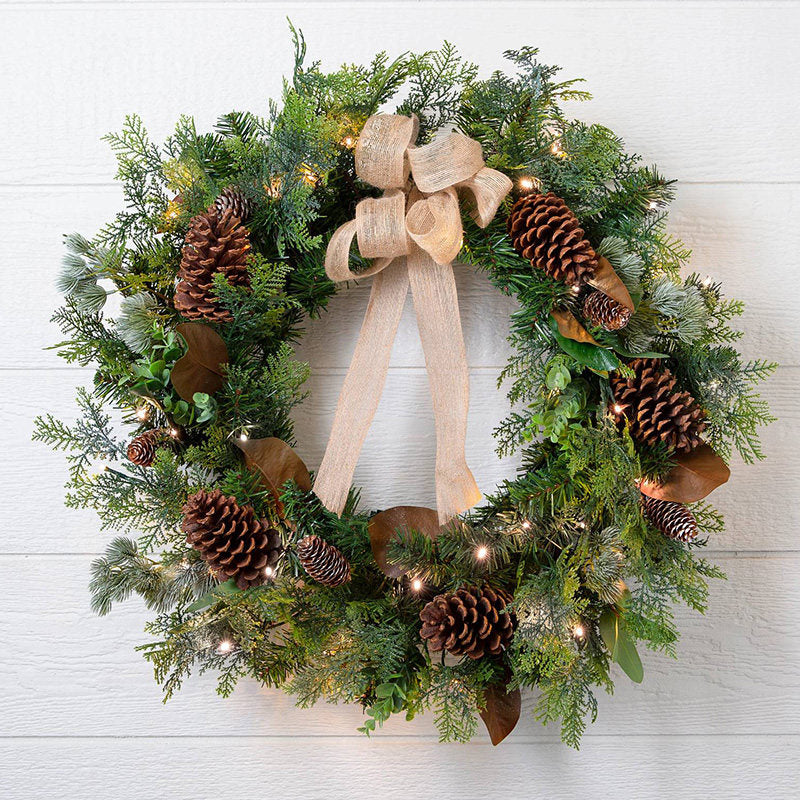 2026 Pre-24In Lit Christmas Wreath with Natural Greenery and Linen Bow