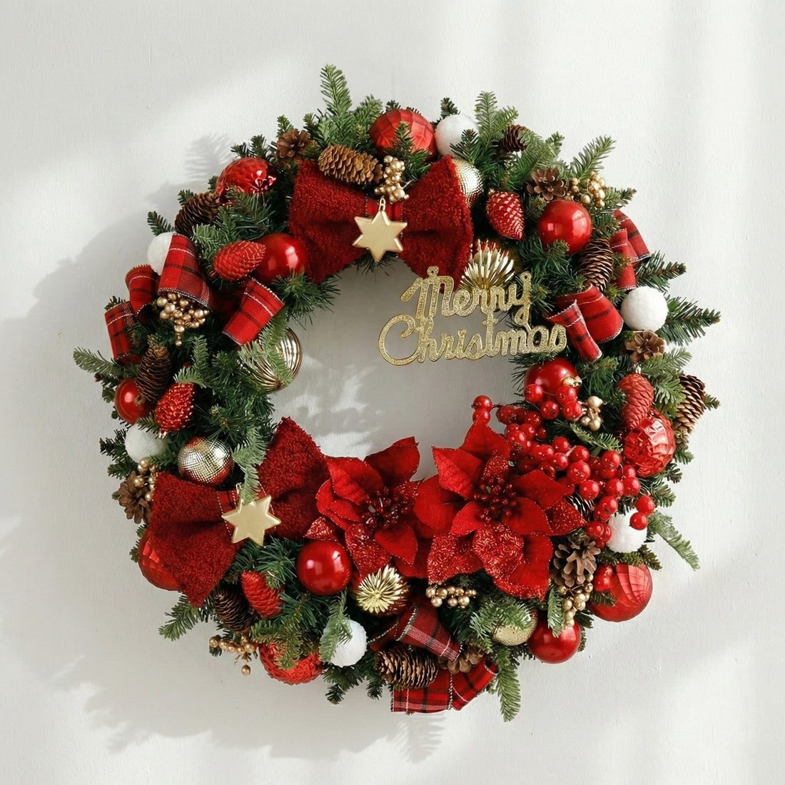 24 Inches Scandinavian Red Christmas Wreath with Poinsettias and Berry Accents