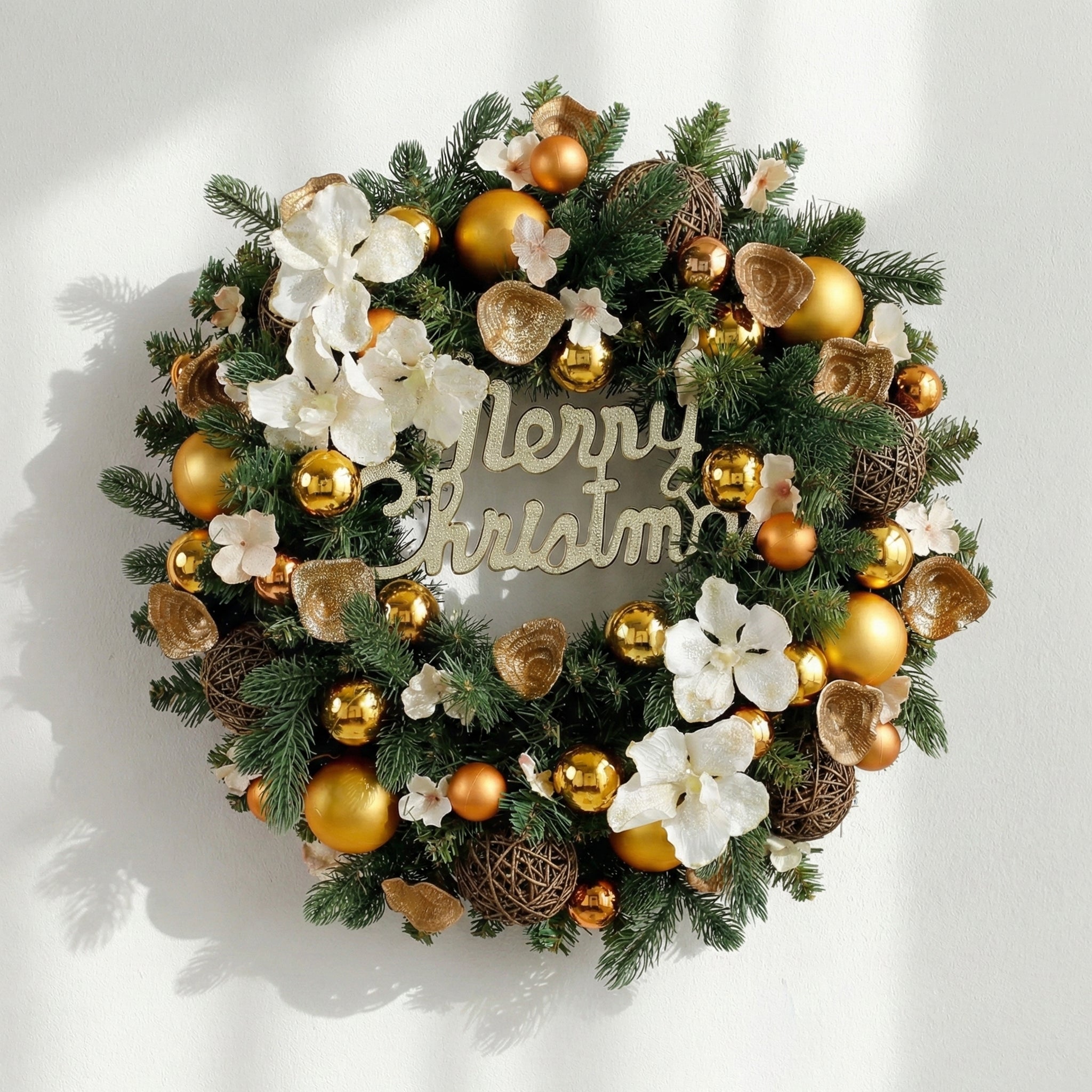 18 Inches Luxury Gold Christmas Wreath with White Flowers and Decorative Ornaments