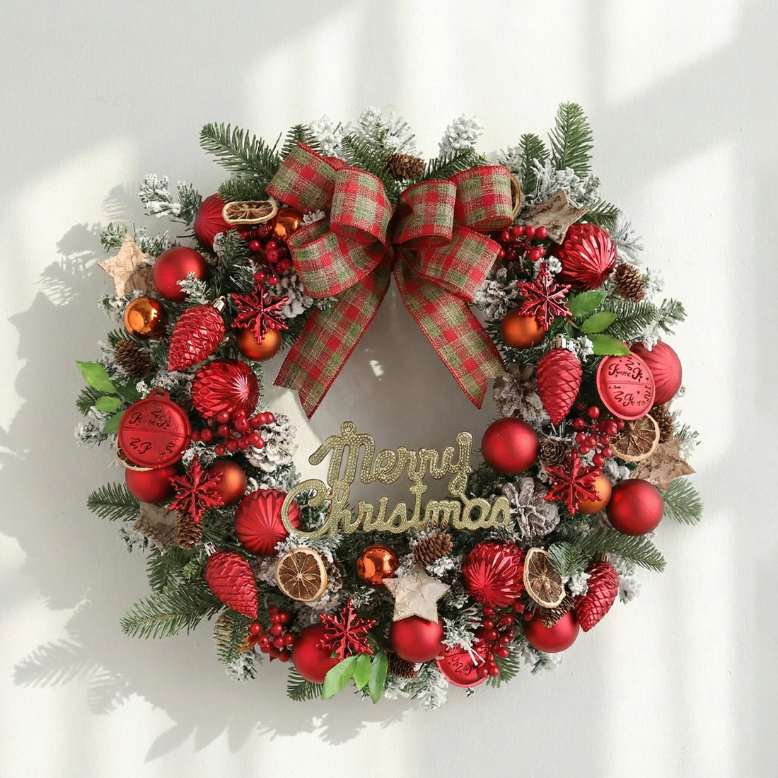 17 Inches Classic Red Christmas Wreath with Plaid Bow, Berries and Frosted Greenery