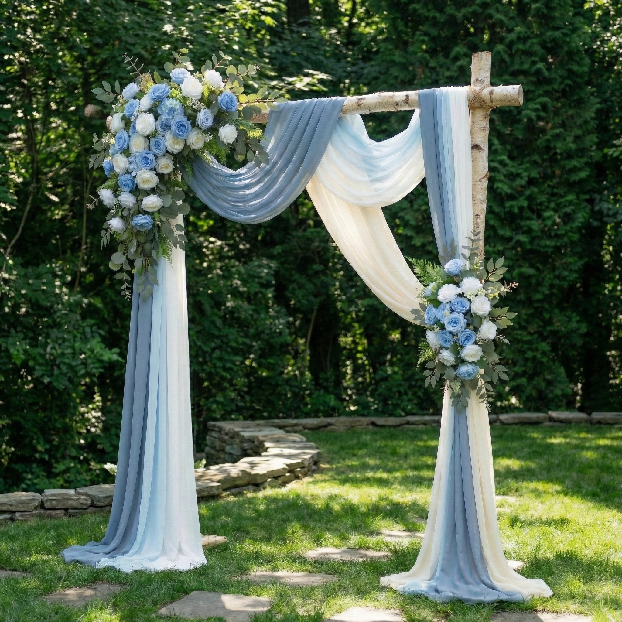 Dusty Blue Rose Floral Wedding Arch Flowers Kit with Drapes for Ceremony Backdrop