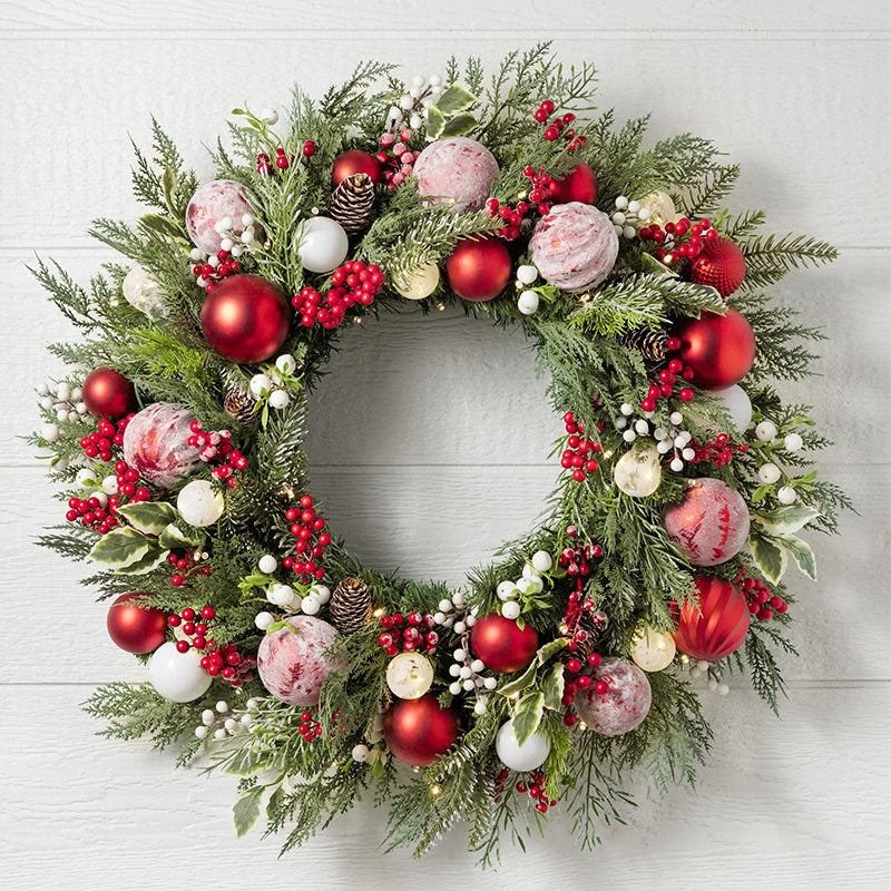 2026 Decorated Christmas Wreath with Red & White Ornaments and Frosted Accents