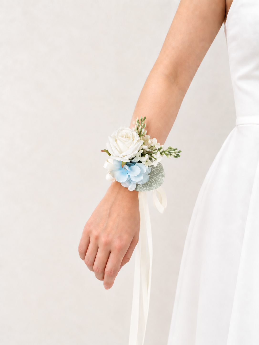 3.5 Inches Elegant Spray Roses & Salvia Wrist Corsage for Wedding Ceremony and Bridal Party in Baby Blue & Ivory | Serena(Set of 6)