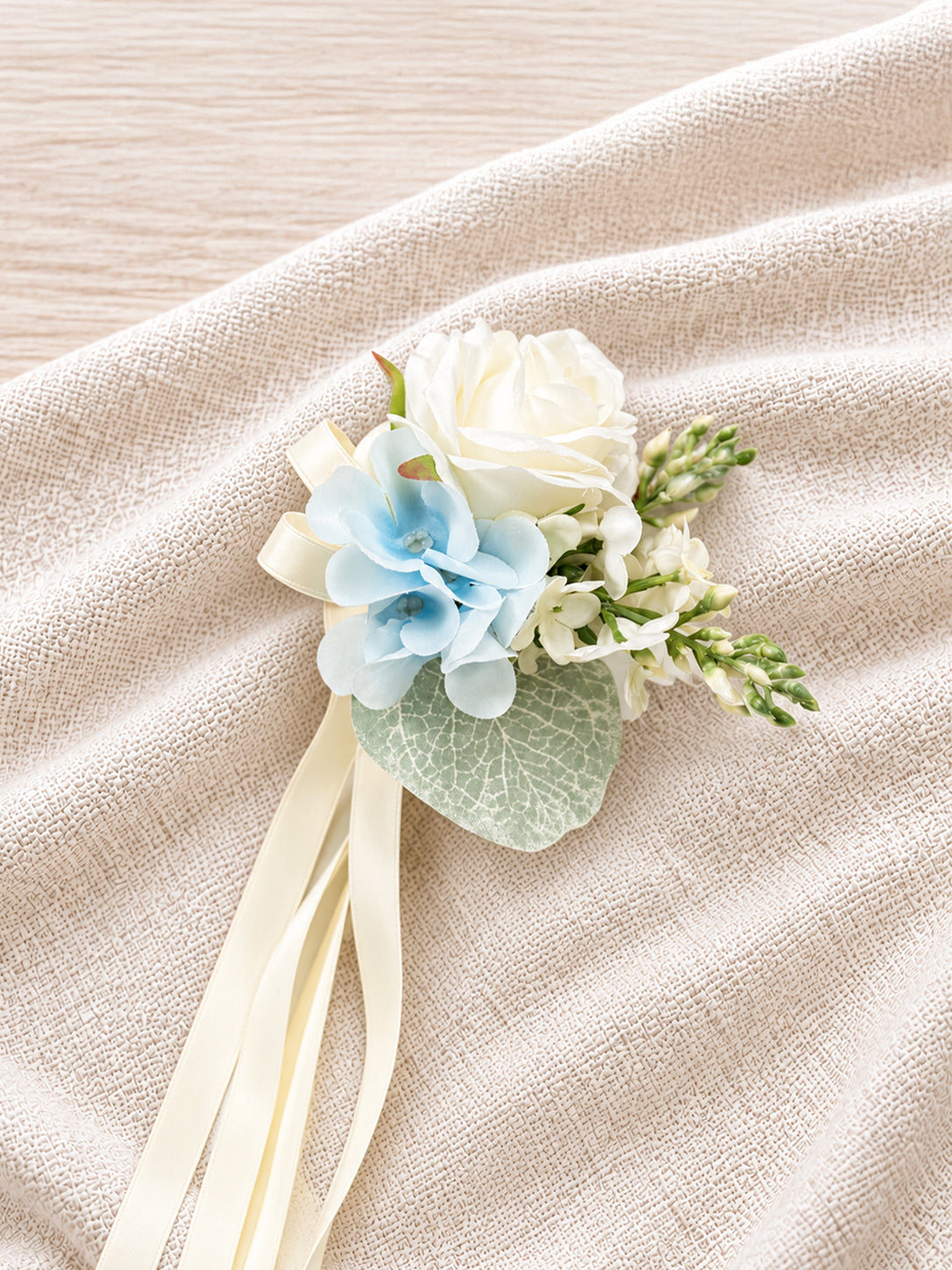 3.5 Inches Elegant Spray Roses & Salvia Wrist Corsage for Wedding Ceremony and Bridal Party in Baby Blue & Ivory | Serena(Set of 6)
