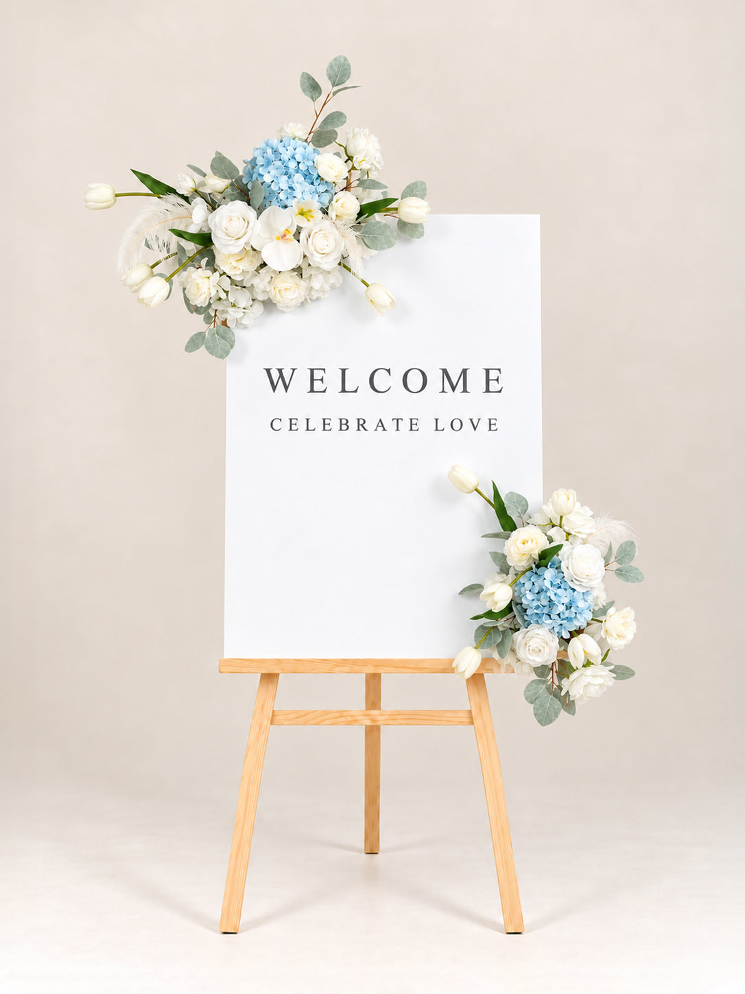 15-Inch Elegant Tulips, Roses & Ranunculus Welcome Sign Flower for Wedding Welcome Area and Reception in Baby Blue & Ivory | Serena