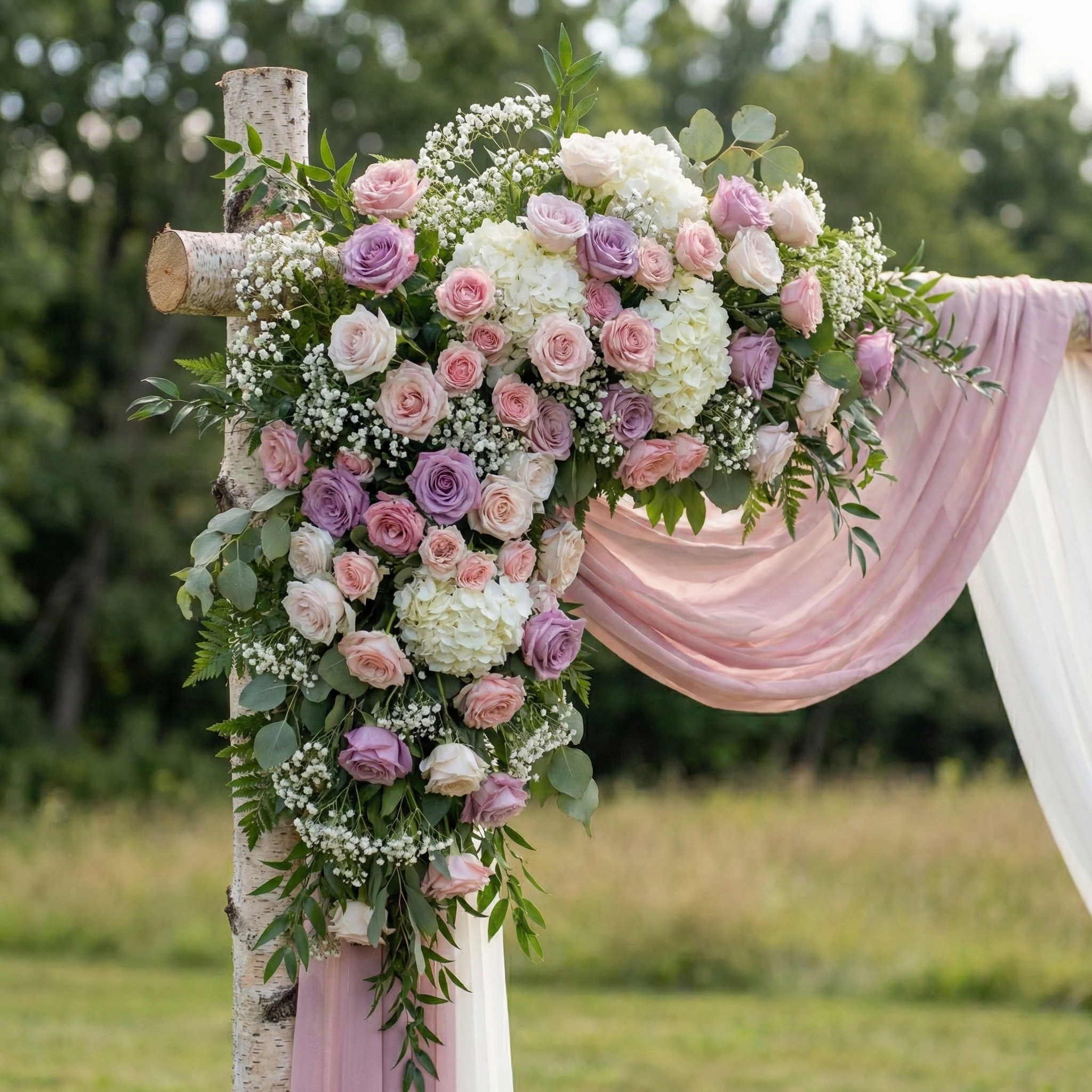 Romantic Dusty Rose and Mauve Wedding Arch Flowers with Chiffon Drapes Kit for Garden Ceremony Backdrop