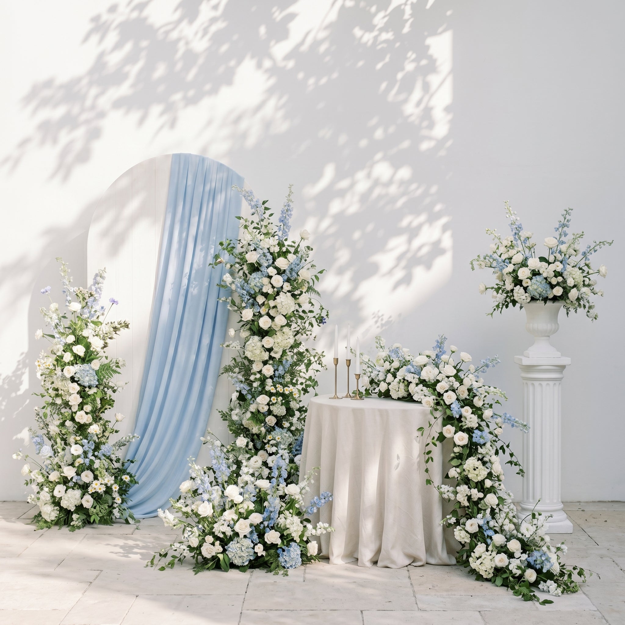 Sky Blue & Ivory White Silk Wedding Full Floral Decor Set Arch Aisle Table Flower Arrangement for Romantic Weddings & Proposals