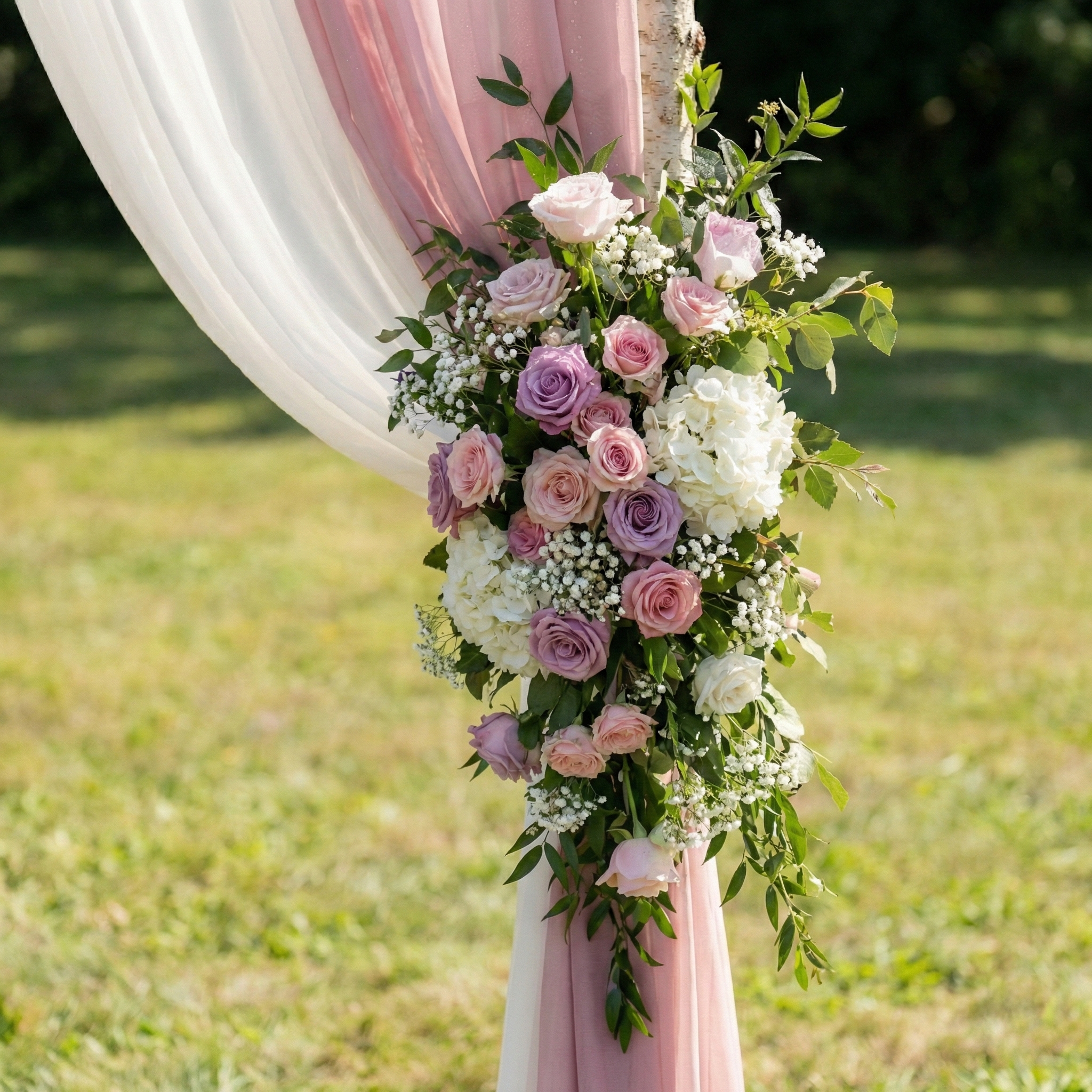 Romantic Dusty Rose and Mauve Wedding Arch Flowers with Chiffon Drapes Kit for Garden Ceremony Backdrop