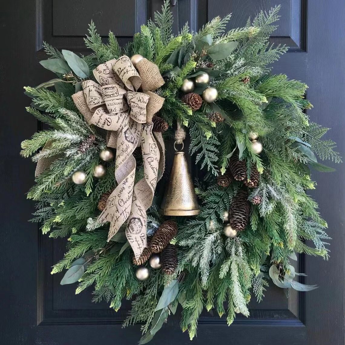 24 Inches Rustic Farmhouse Christmas Wreath with Burlap Bow and Hanging Bell