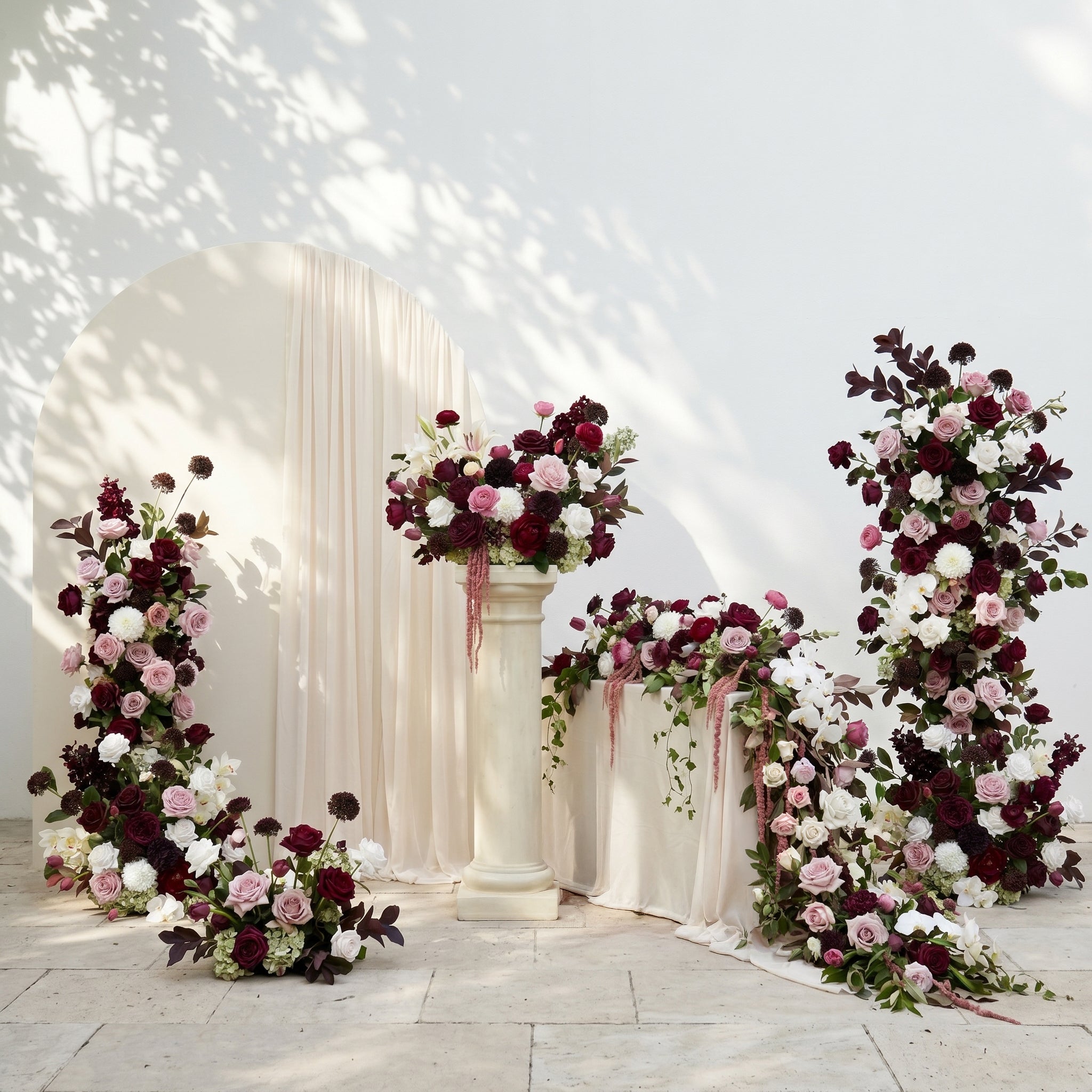 Burgundy Red, Blush Pink & Ivory White Silk Wedding Full Floral Decor Set Arch Aisle Table Flower Arrangement for Romantic Weddings & Proposals