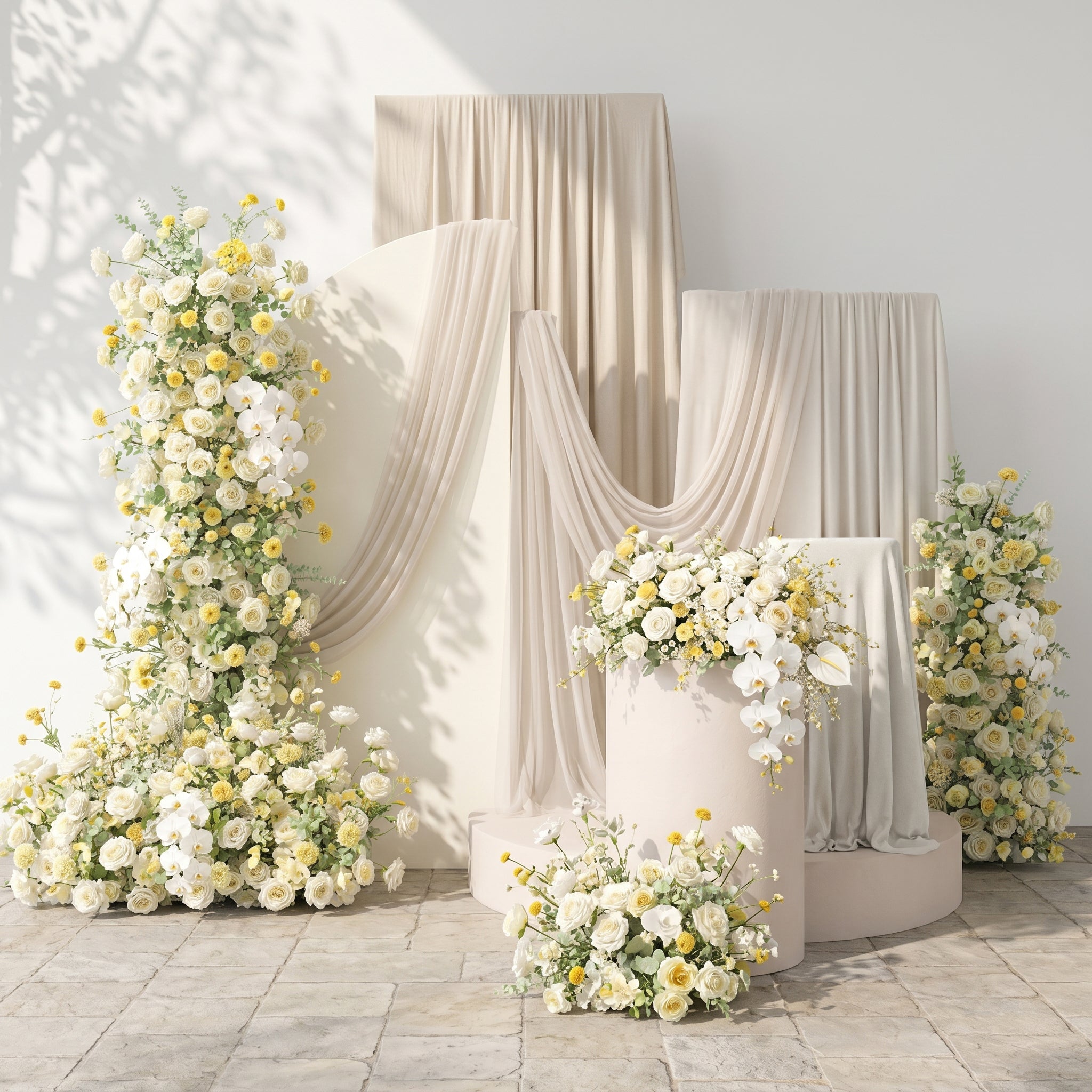 Cream Yellow & Ivory White Silk Wedding Full Floral Decor Set Arch Aisle Table Flower Arrangement for Romantic Weddings & Proposals