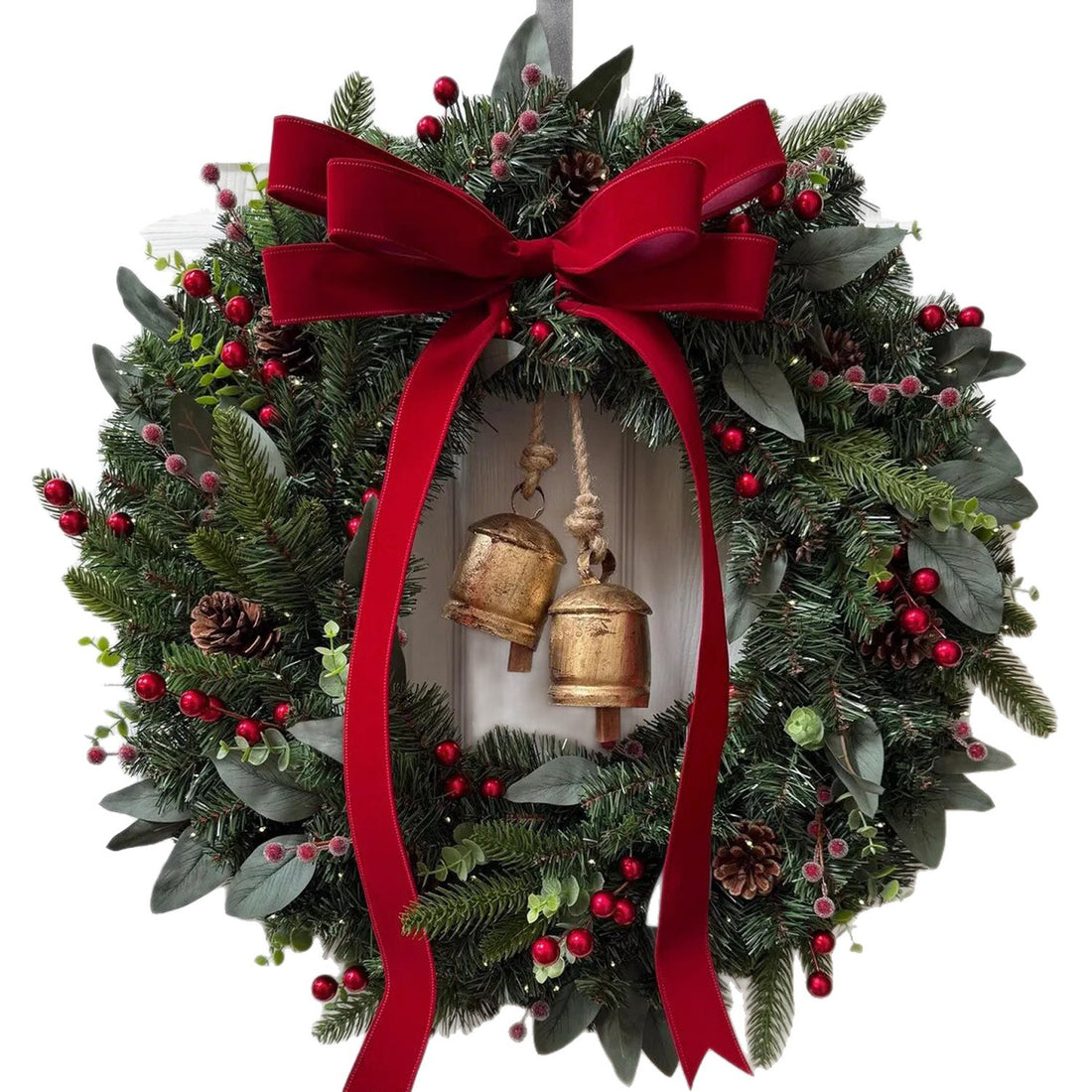 2025 Classic Red Bow Christmas Wreath with Bells, Berries and Greenery