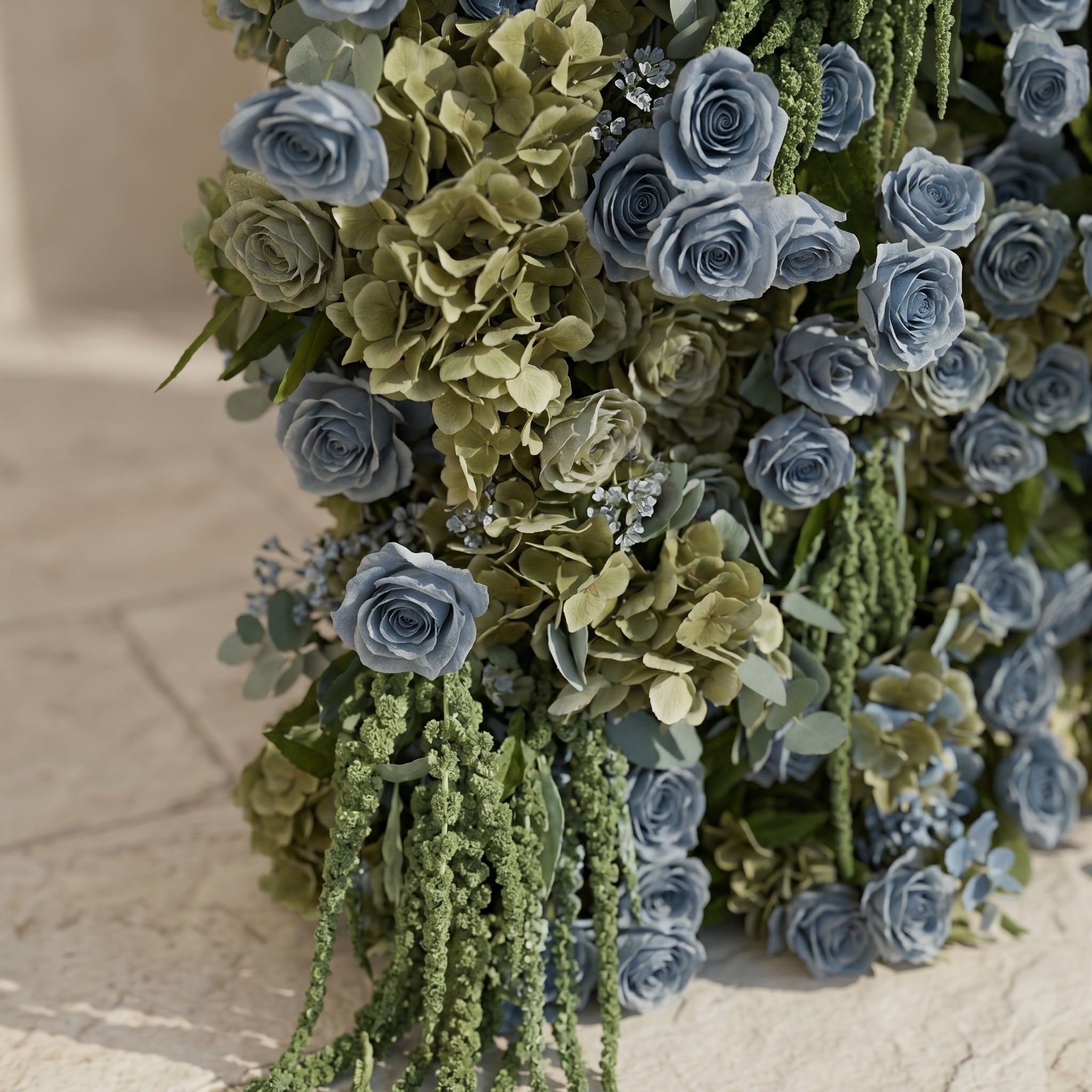 Arelbelle: Luxury 5D Dusty Blue & Olive Green Silk Floral Wall Roll-Up Backdrop for Moody Elegant Weddings