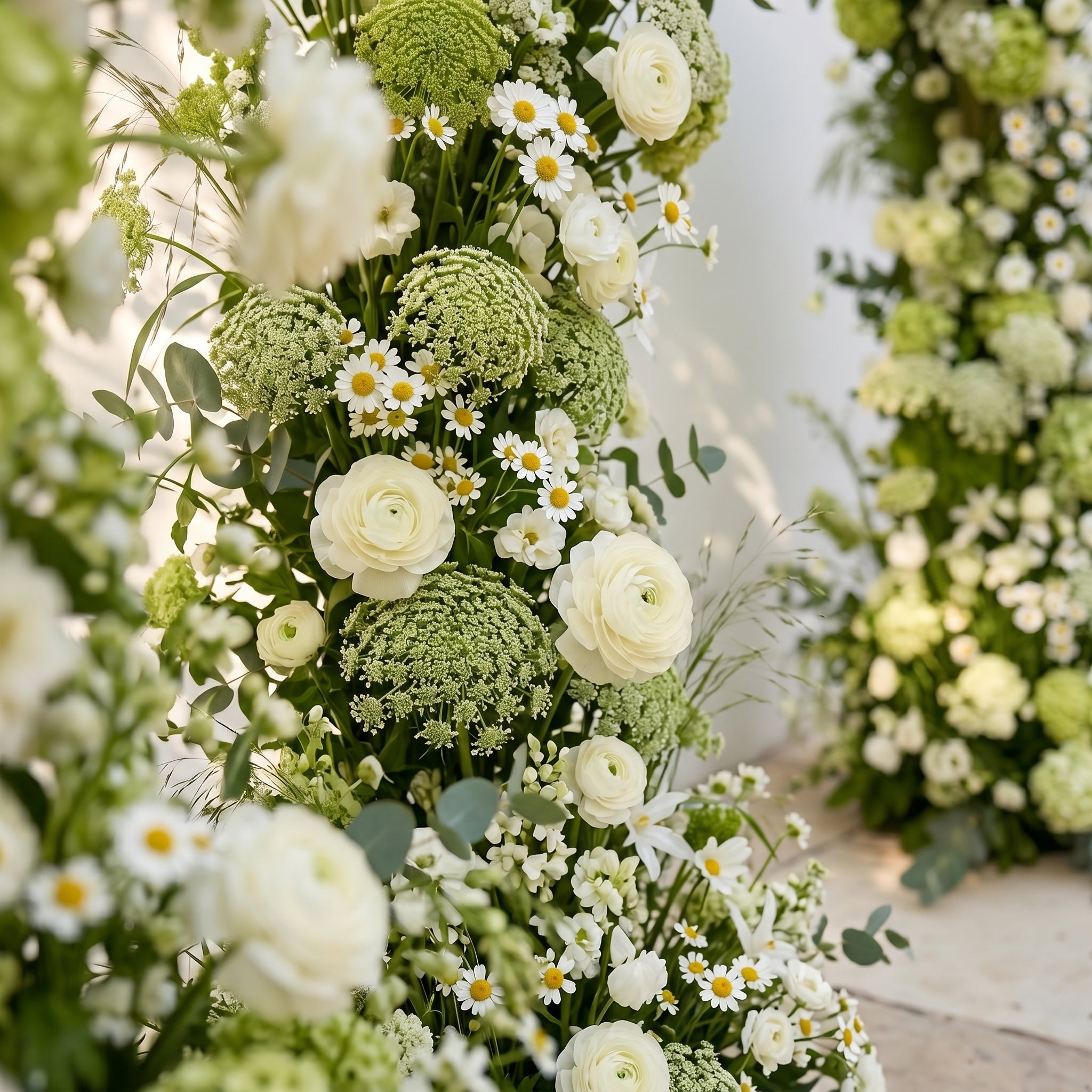 Raeldelle: Luxury White Silk Floral Arch Arrangement with Cascading Greenery for Romantic Weddings & Garden Event Decor Incuding Frame
