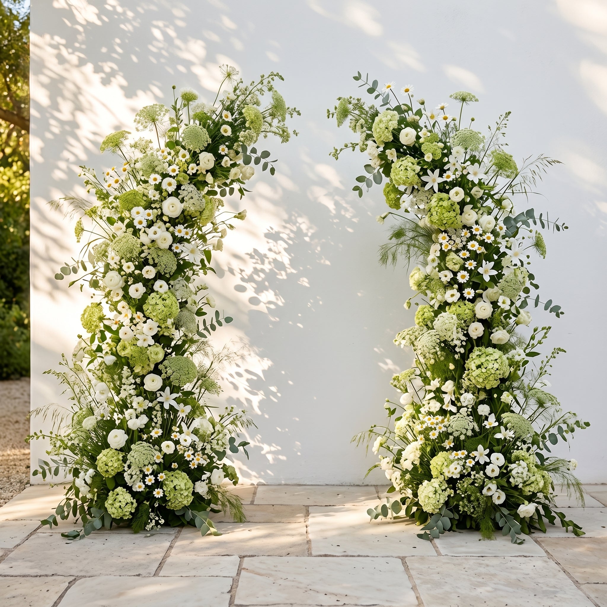 Raeldelle: Luxury White Silk Floral Arch Arrangement with Cascading Greenery for Romantic Weddings & Garden Event Decor Incuding Frame