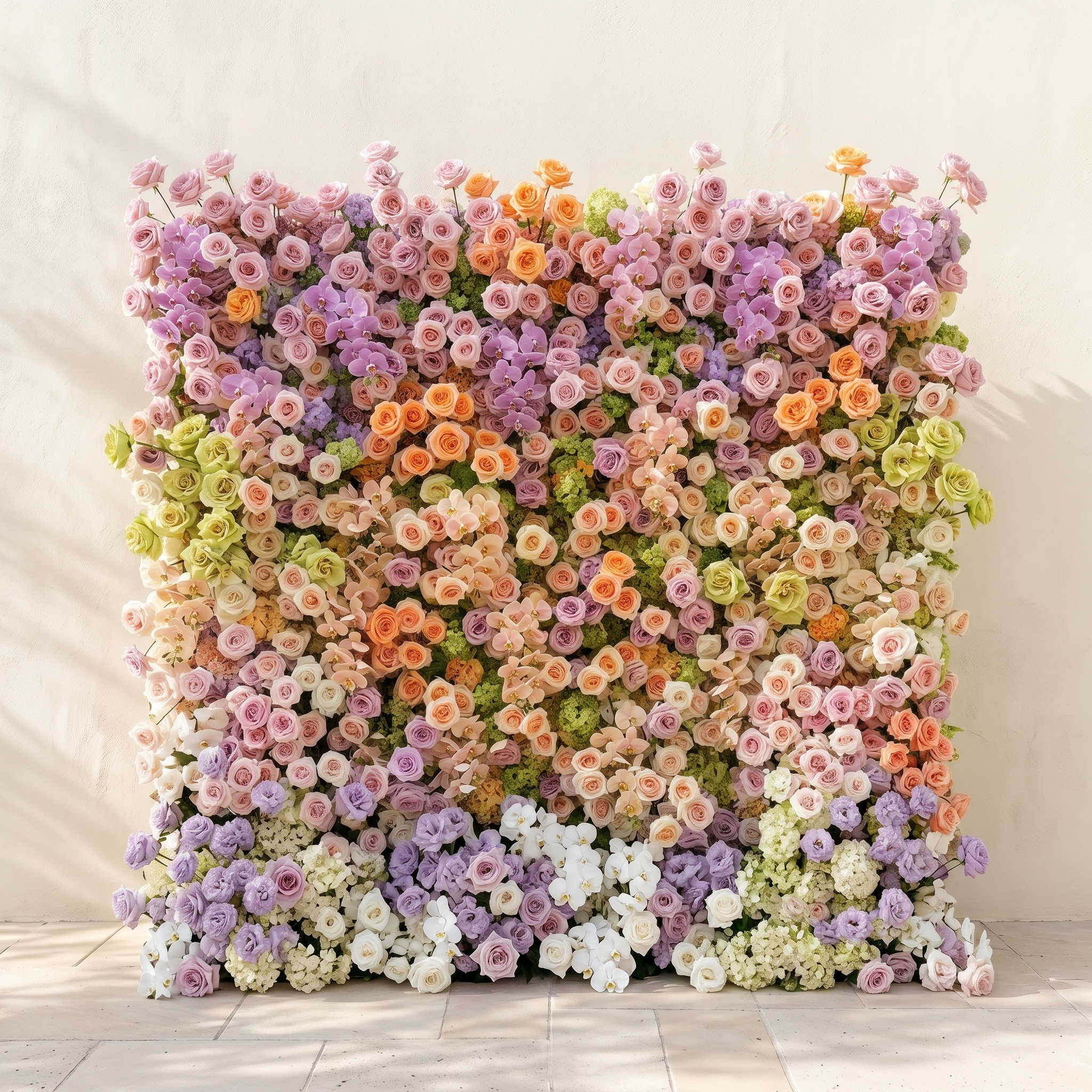 Camilvella: Premium 5D Pastel Rainbow Silk Flower Wall with Cascading Orchids & Hydrangeas for Modern Dreamy Parties