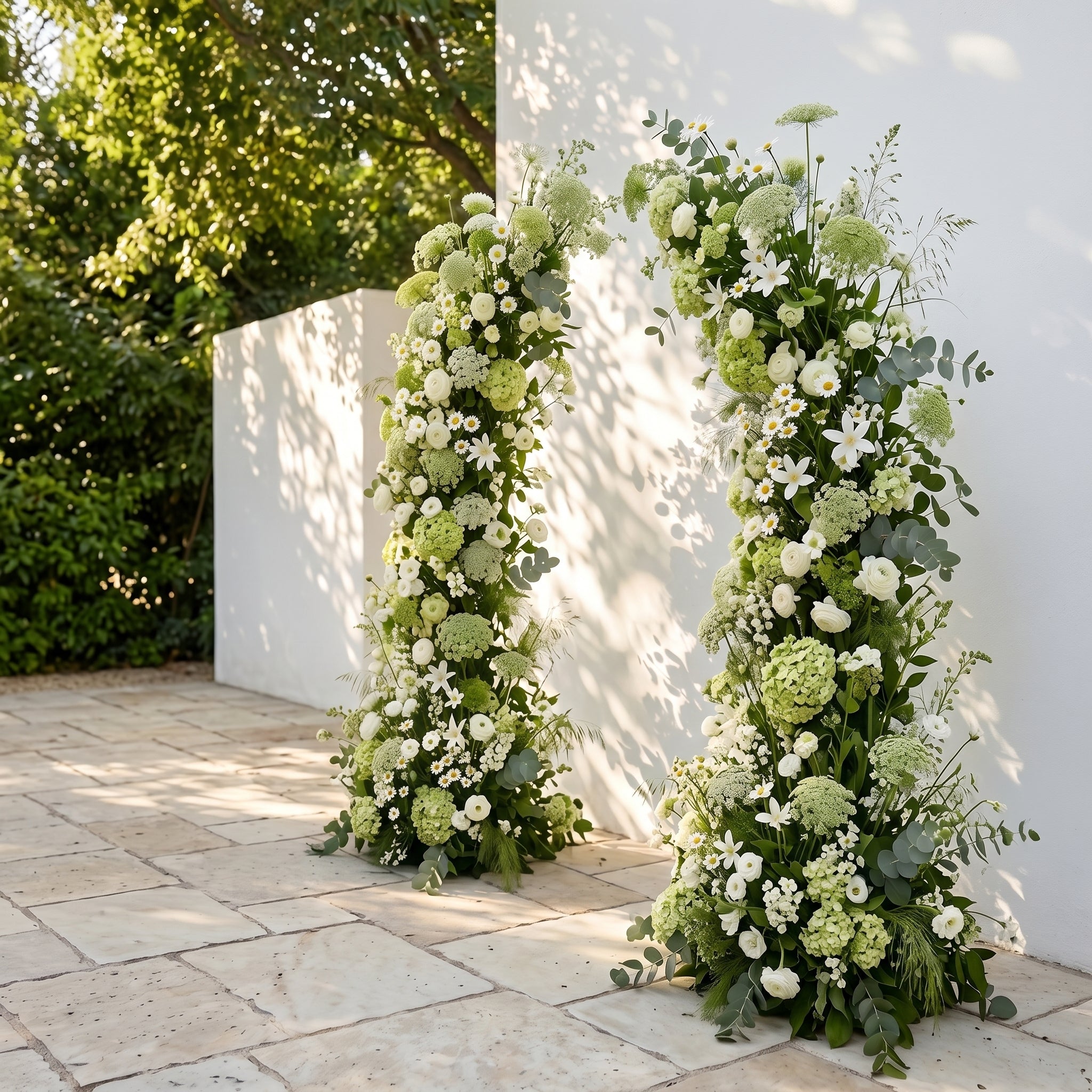 Raeldelle: Luxury White Silk Floral Arch Arrangement with Cascading Greenery for Romantic Weddings & Garden Event Decor Incuding Frame