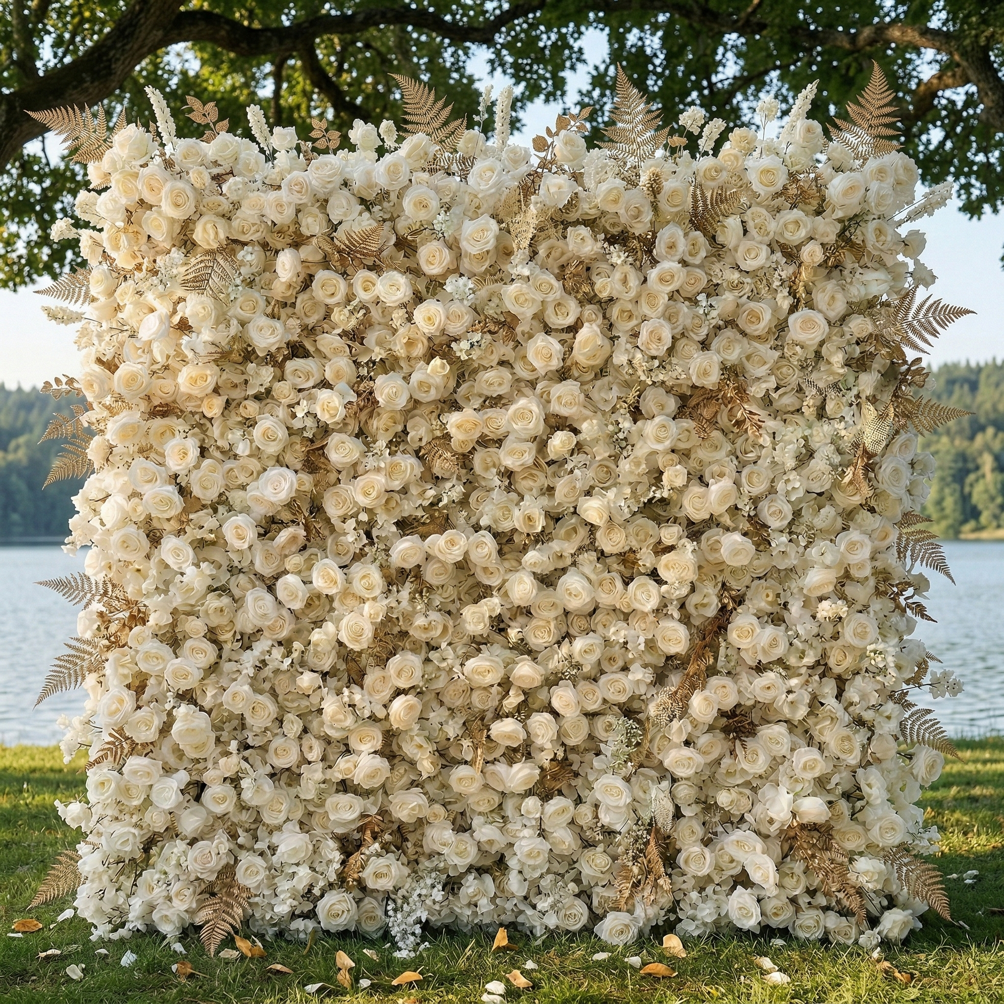 Averyn: Luxury 5D Champagne & Ivory Silk Rose Flower Wall Roll-Up Fabric Backdrop for Luxury Wedding&Grand Ballroom Decor