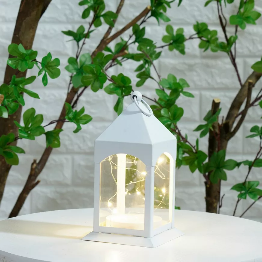B037: White Metal Lantern with Flickering LED Fairy Lights Rose Morning