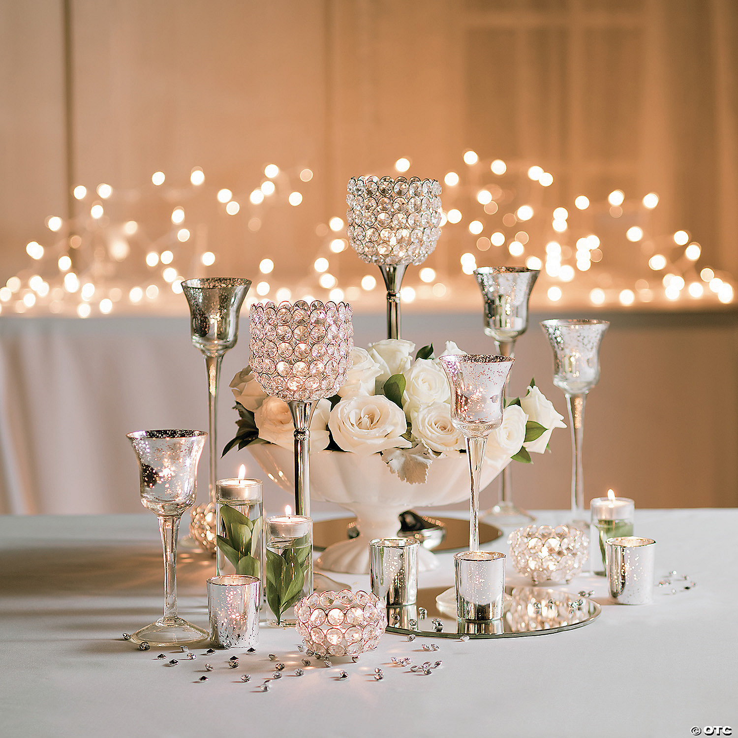 Silver Mercury lass Votive Candle Holders with Battery-Operated Light Candles Rose Morning