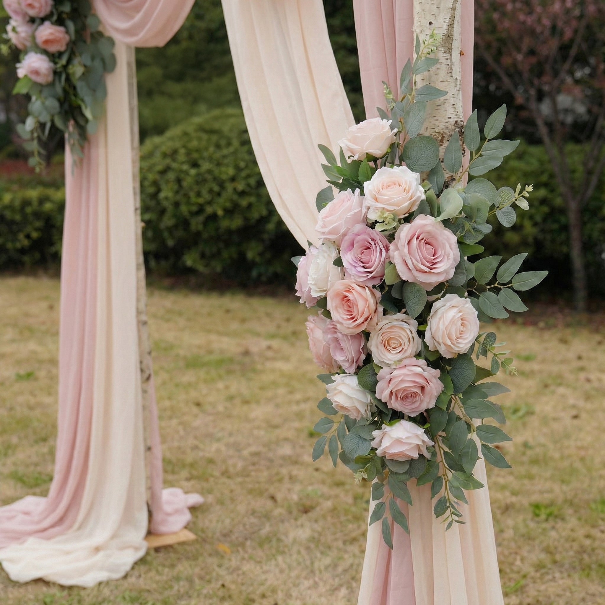 Dusty Blush Floral Wedding Arch Kit with Draped Fabric for Garden Wedding Backdrop