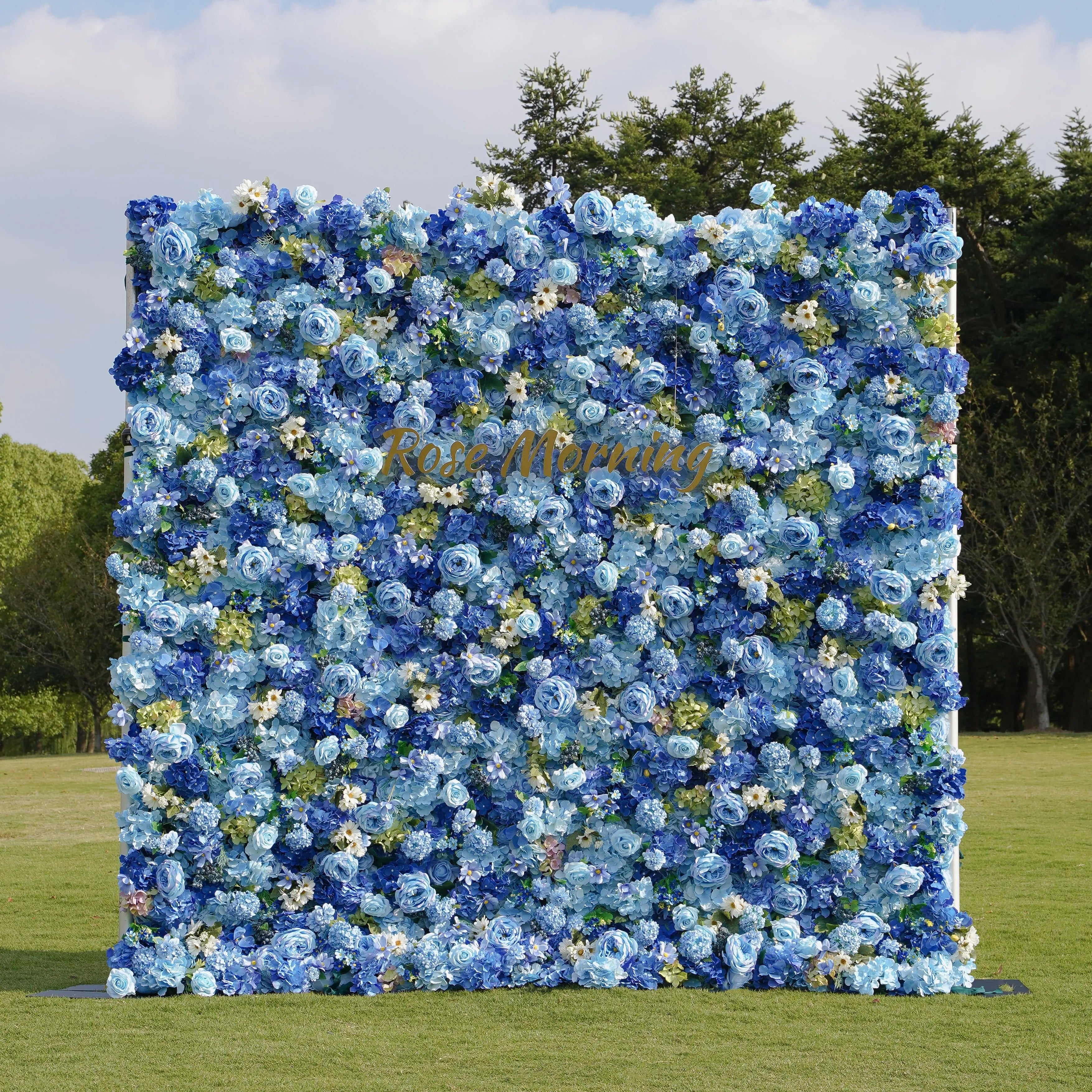 Blue:5D Fabric Artificial rolling up curtain flower wall