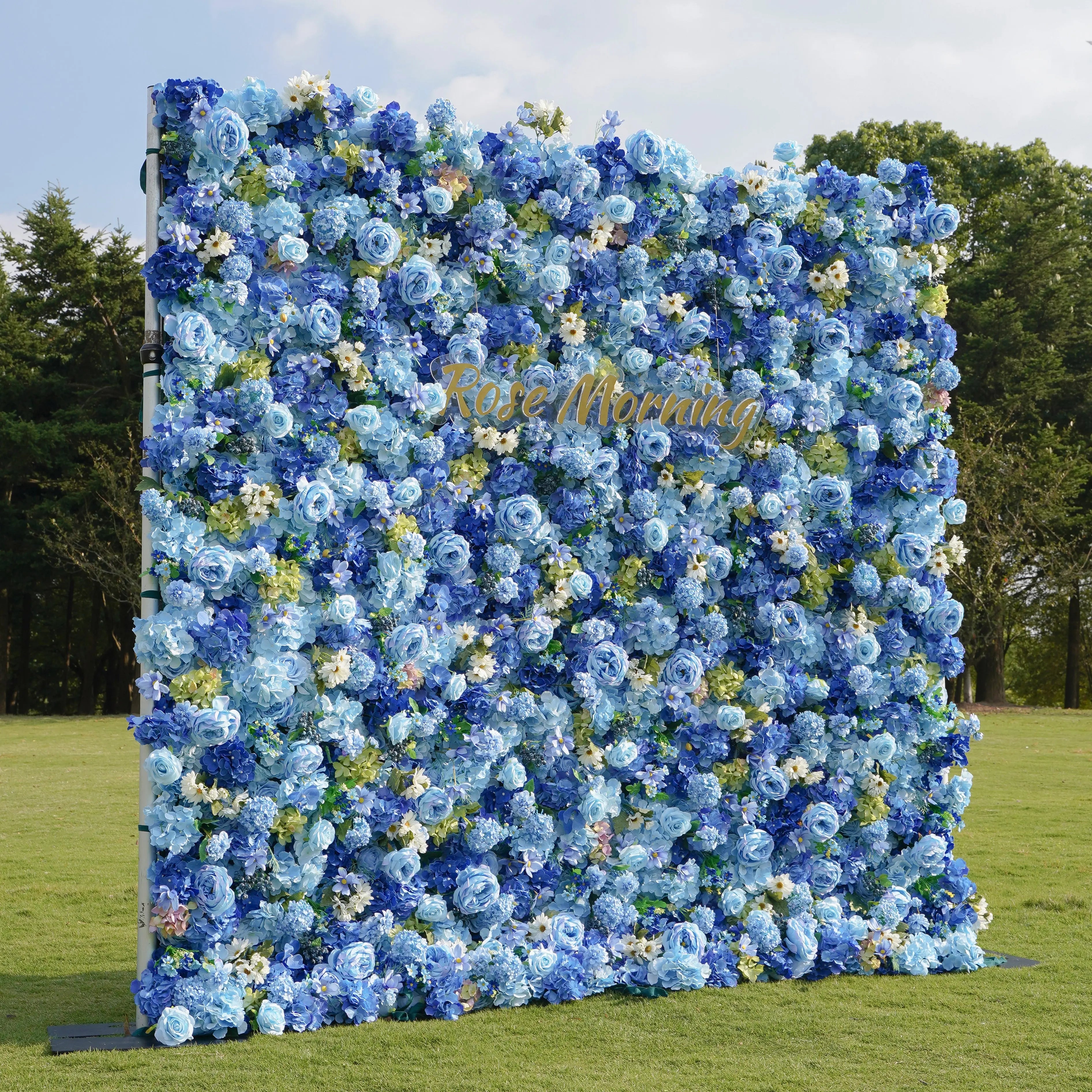 Blue:5D Fabric Artificial rolling up curtain flower wall