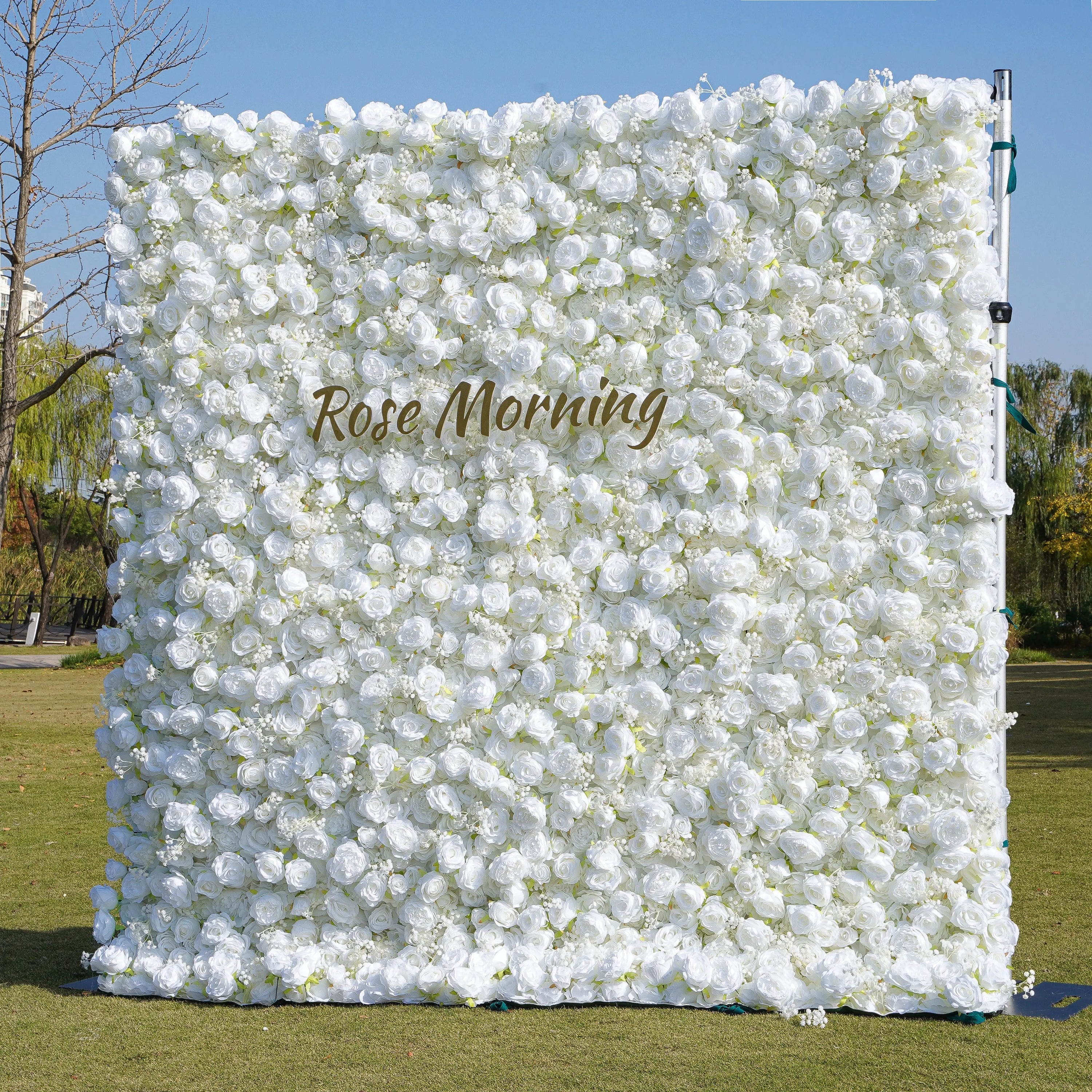Breath:5D White Roses Fabric Artificial rolling up curtain flower wall (Ready to Ship)