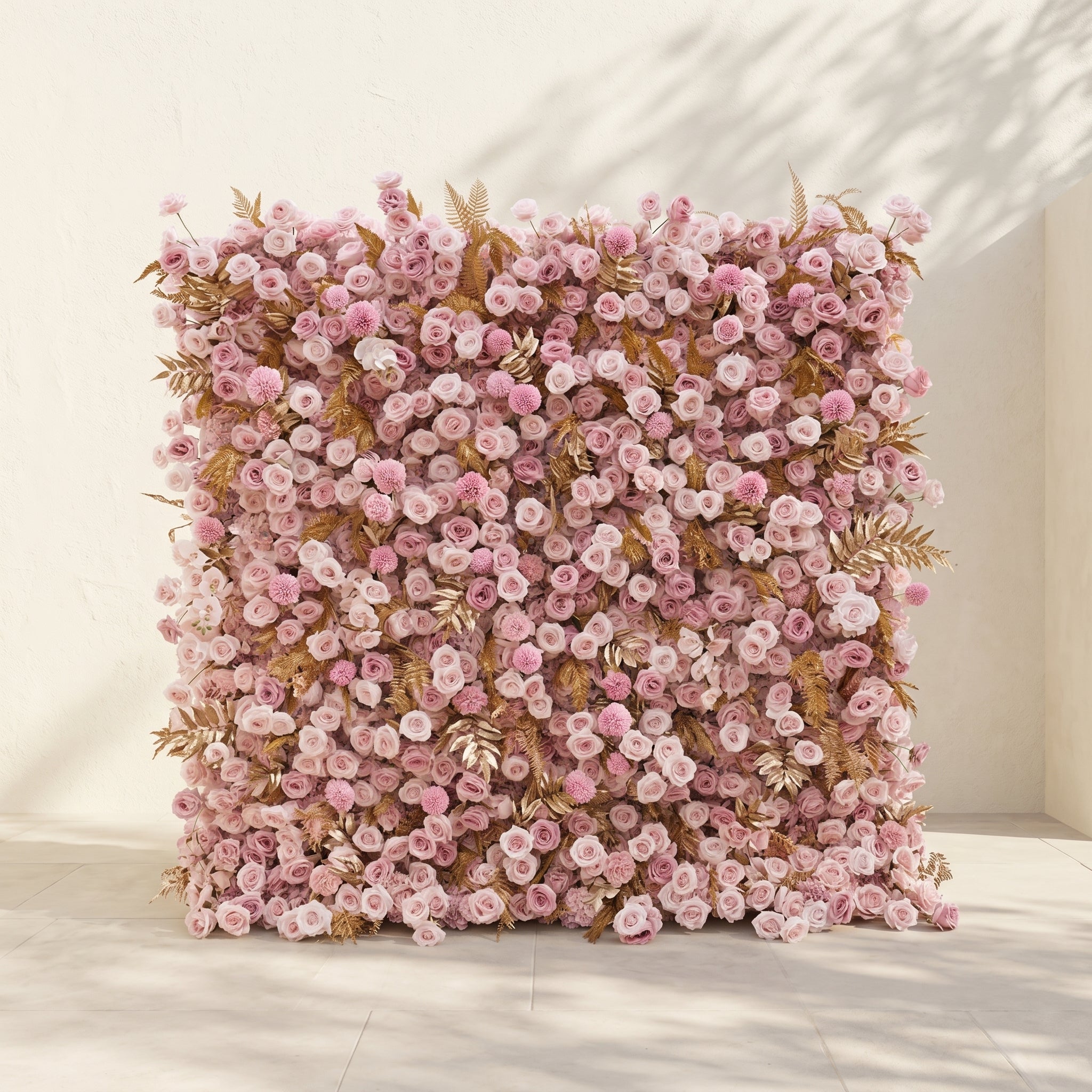 Caelina:Opulent 5D All-Pink Floral Wall with Gold Fern Accents Roll-Up Backdrop for Whimsical Bridal Events