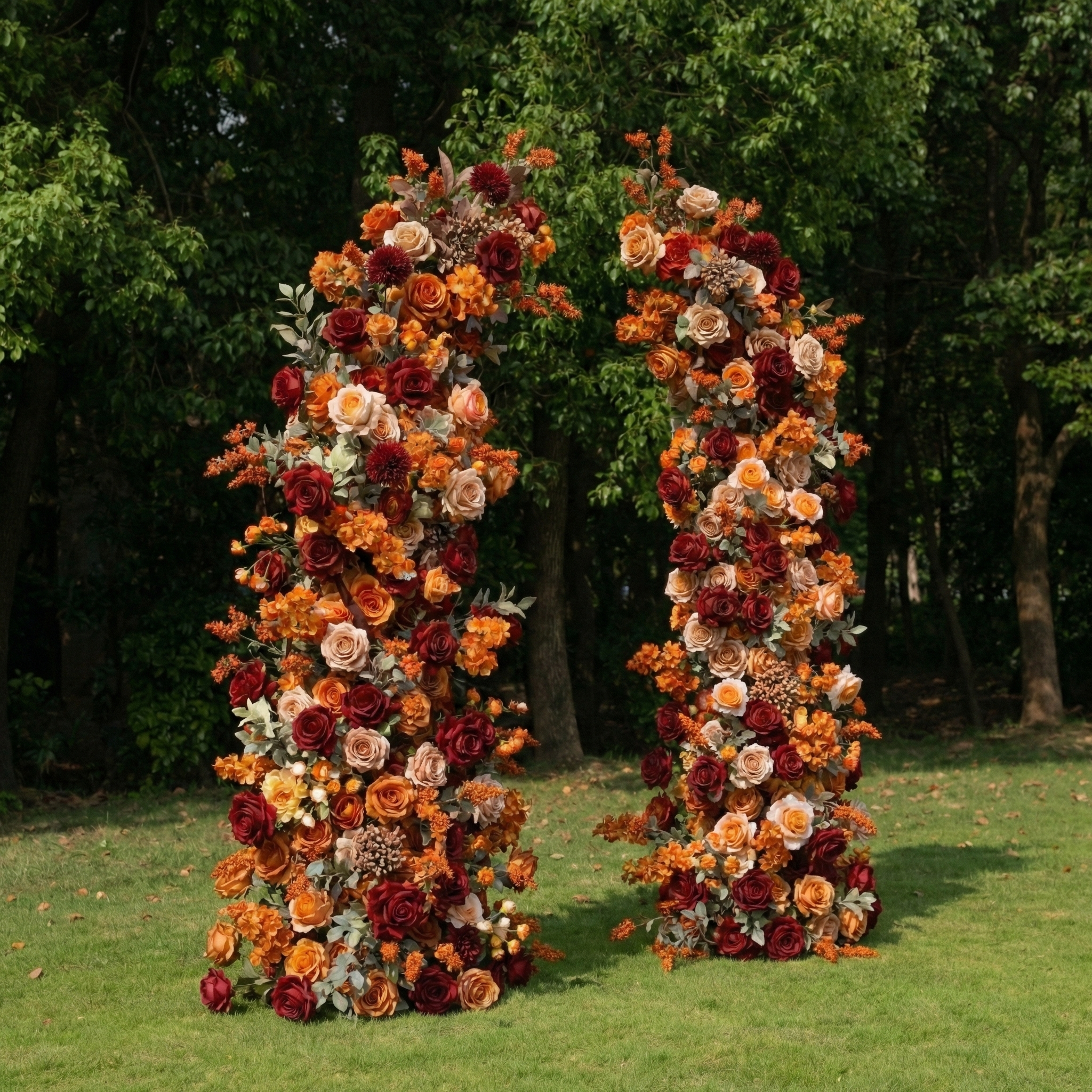 Caligo: Elegant Orange & Burgundy Silk Floral Broken Arch Set for Luxury Autumn Weddings & Fall Nuptials