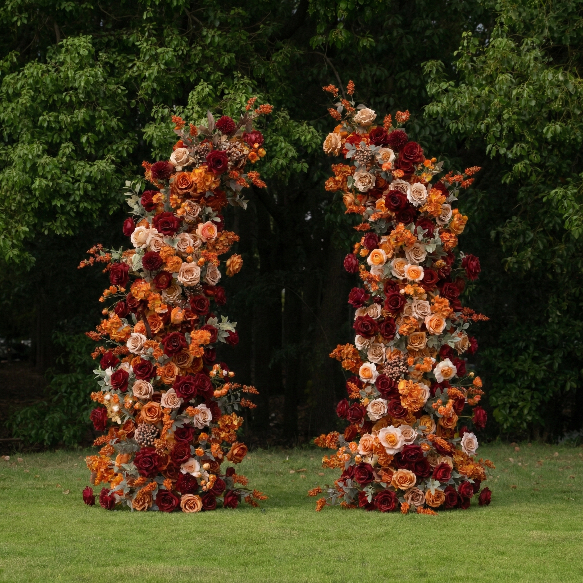 Caligo: Elegant Orange & Burgundy Silk Floral Broken Arch Set for Luxury Autumn Weddings & Fall Nuptials