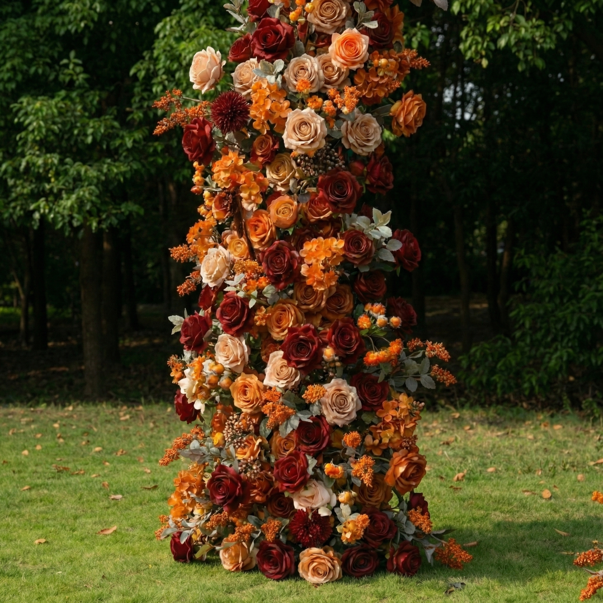 Caligo: Elegant Orange & Burgundy Silk Floral Broken Arch Set for Luxury Autumn Weddings & Fall Nuptials