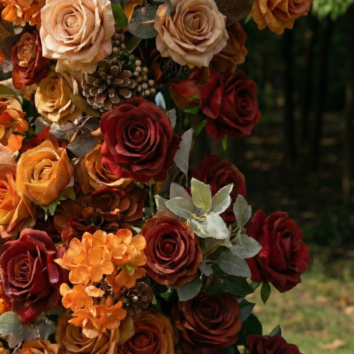 Caligo: Elegant Orange & Burgundy Silk Floral Broken Arch Set for Luxury Autumn Weddings & Fall Nuptials