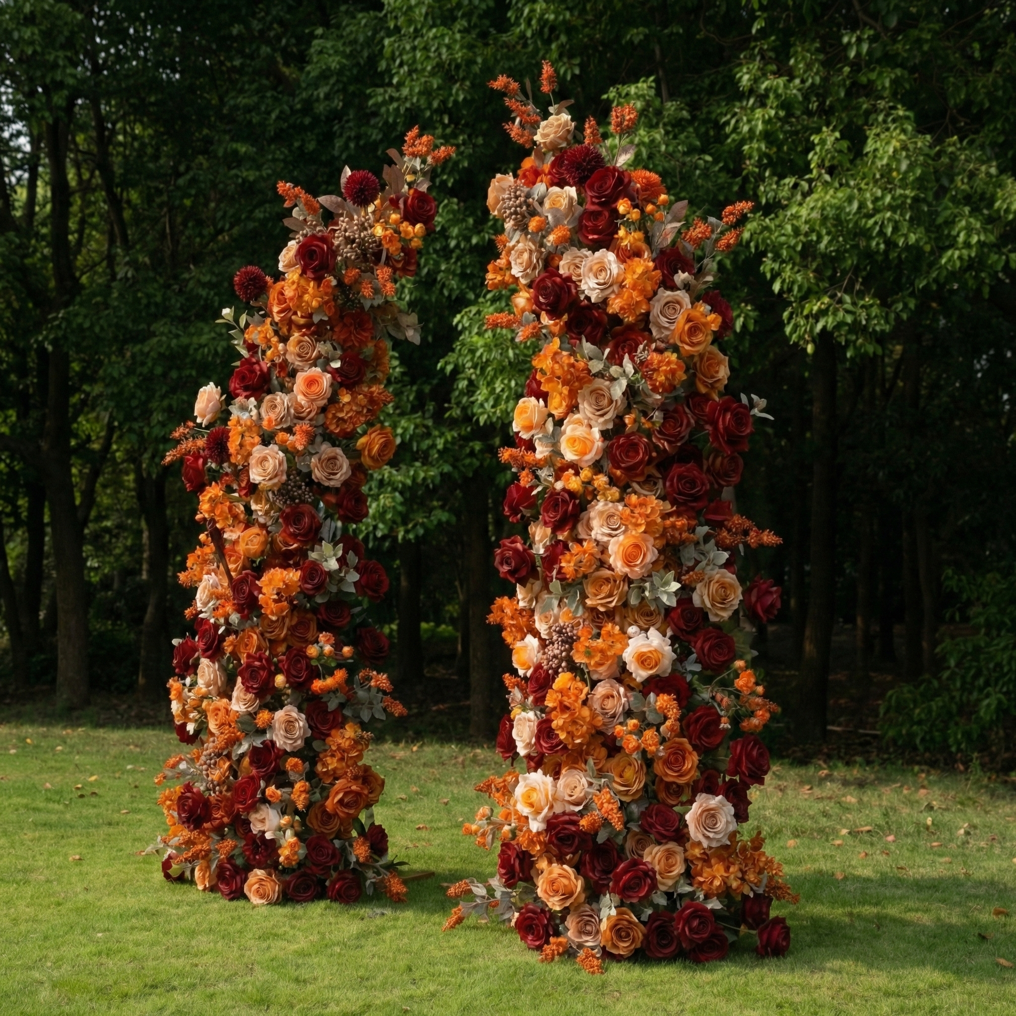 Caligo: Elegant Orange & Burgundy Silk Floral Broken Arch Set for Luxury Autumn Weddings & Fall Nuptials