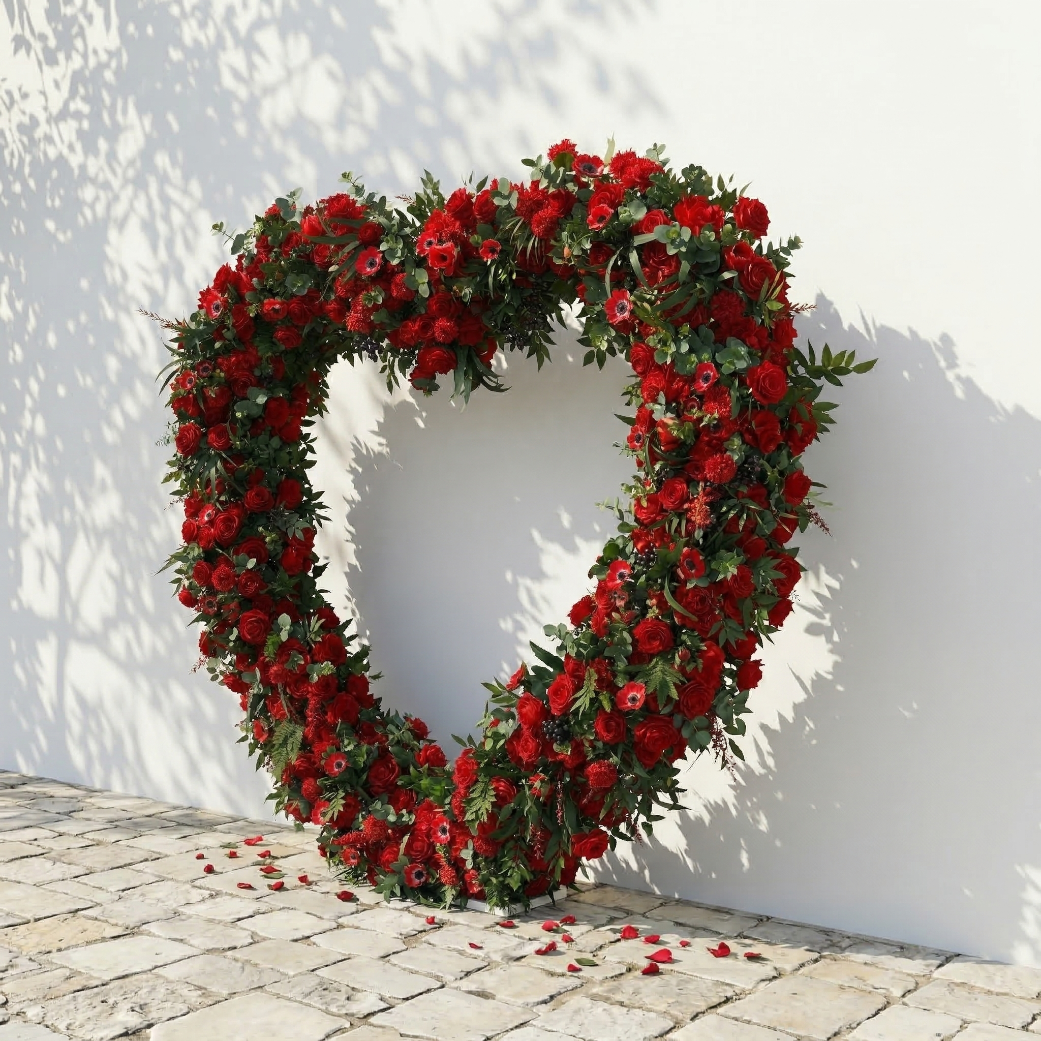 Calivra: Luxury Red Flower Heart Arch with Lush Greenery for Proposal and Valentine&