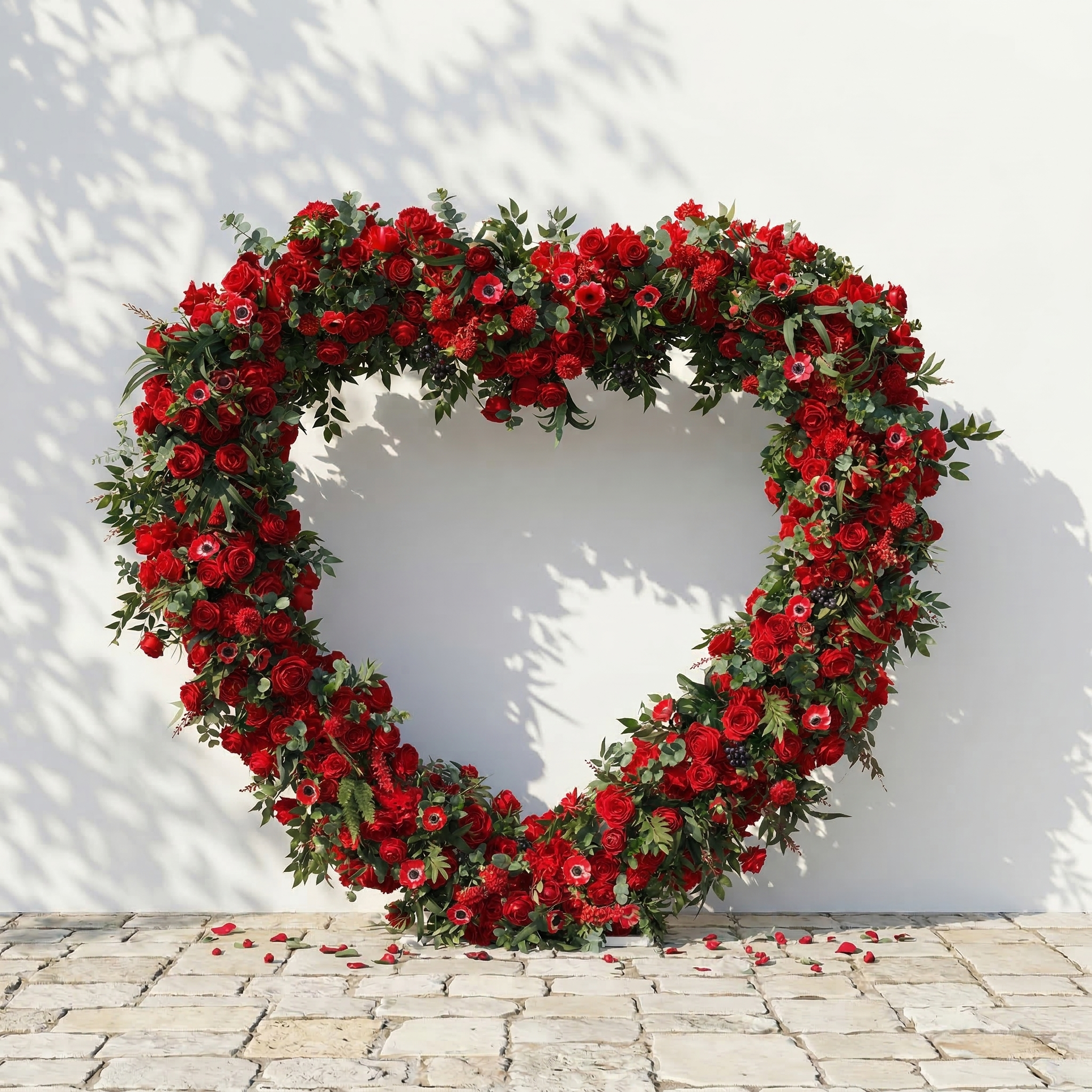 Calivra: Luxury Red Flower Heart Arch with Lush Greenery for Proposal and Valentine&