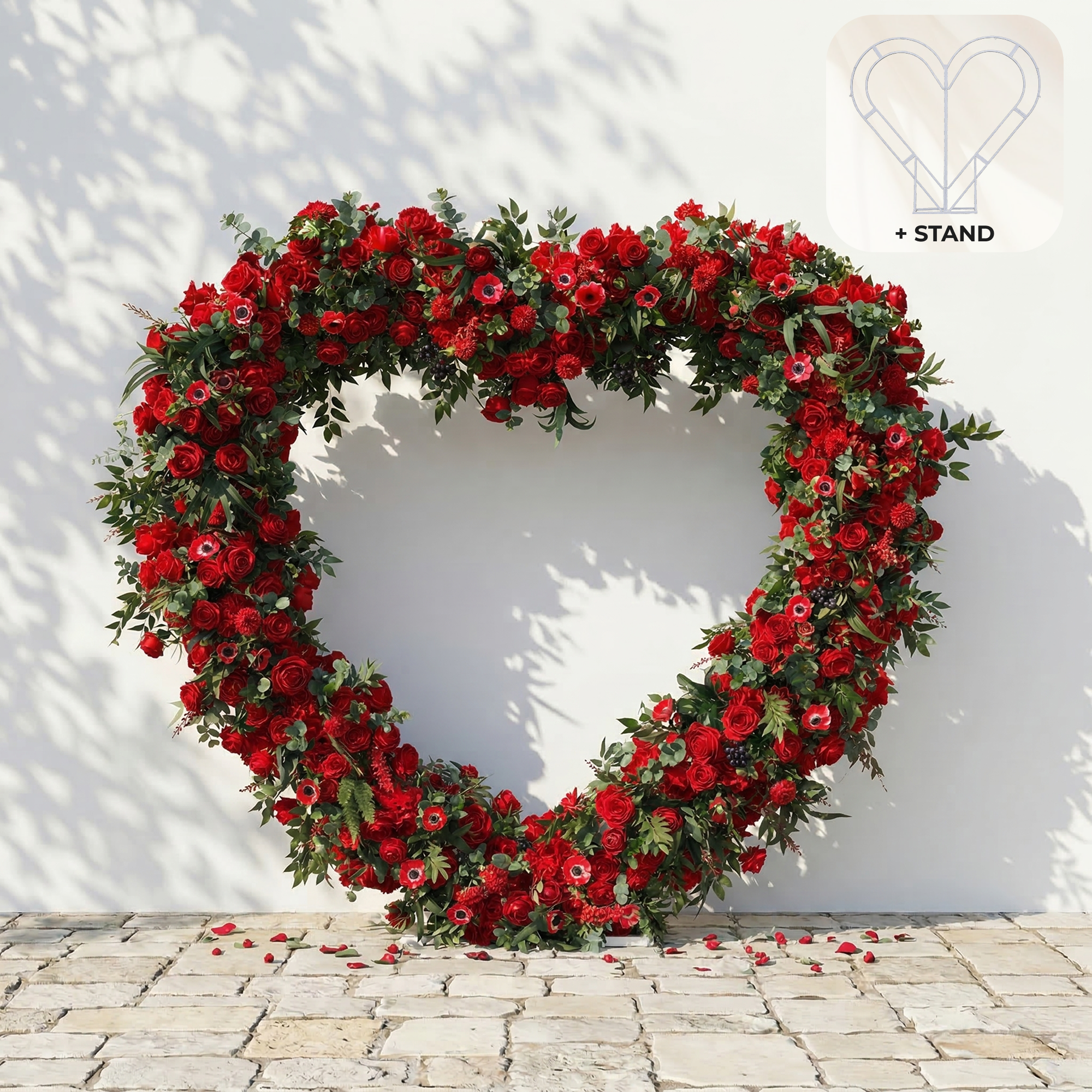 Calivra: Luxury Red Flower Heart Arch with Lush Greenery for Proposal and Valentine&