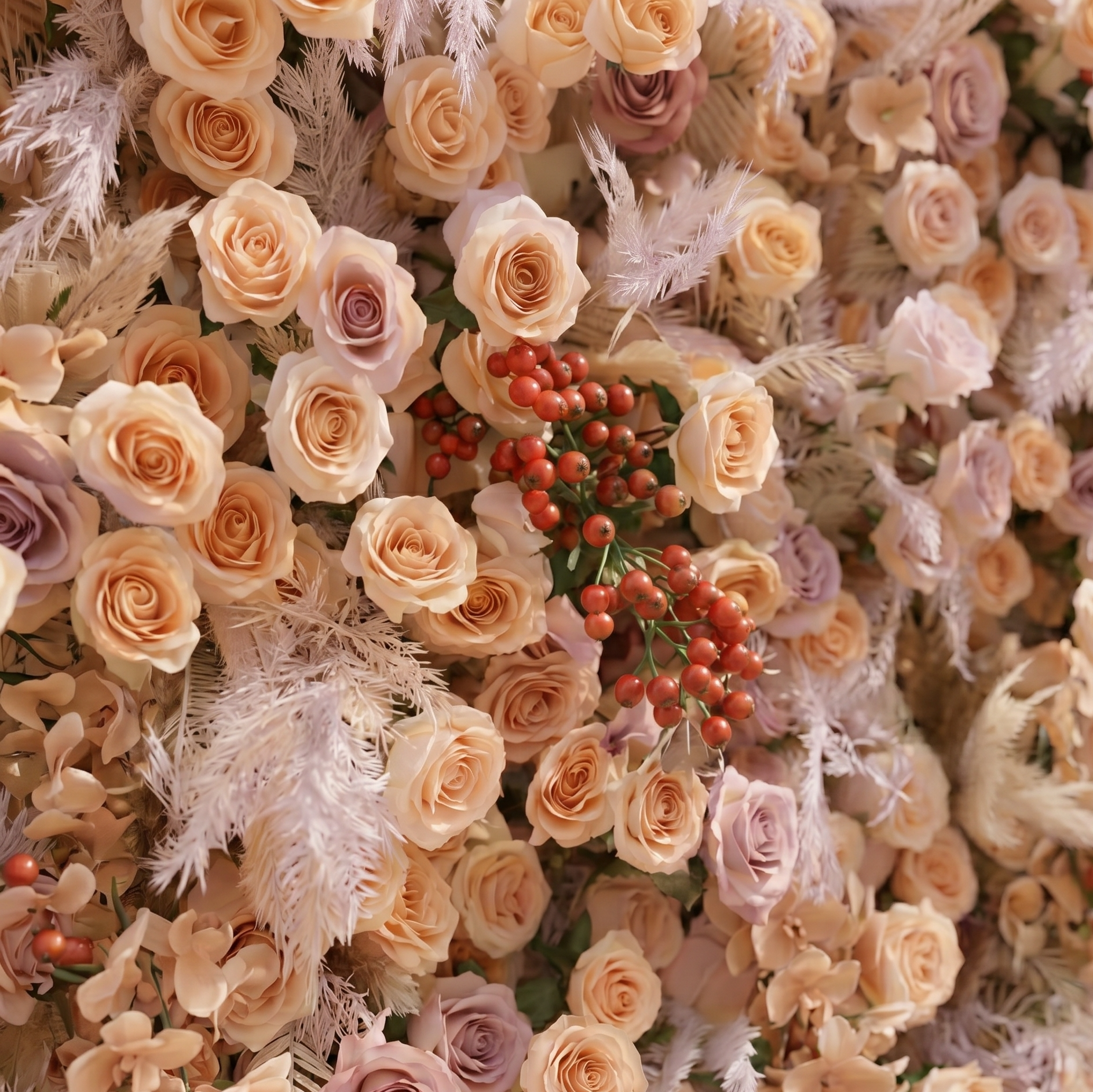 Valsira: Luxury 5D Champagne & Peach Silk Rose Flower Wall with Autumn Berries for Romantic Manor Weddings