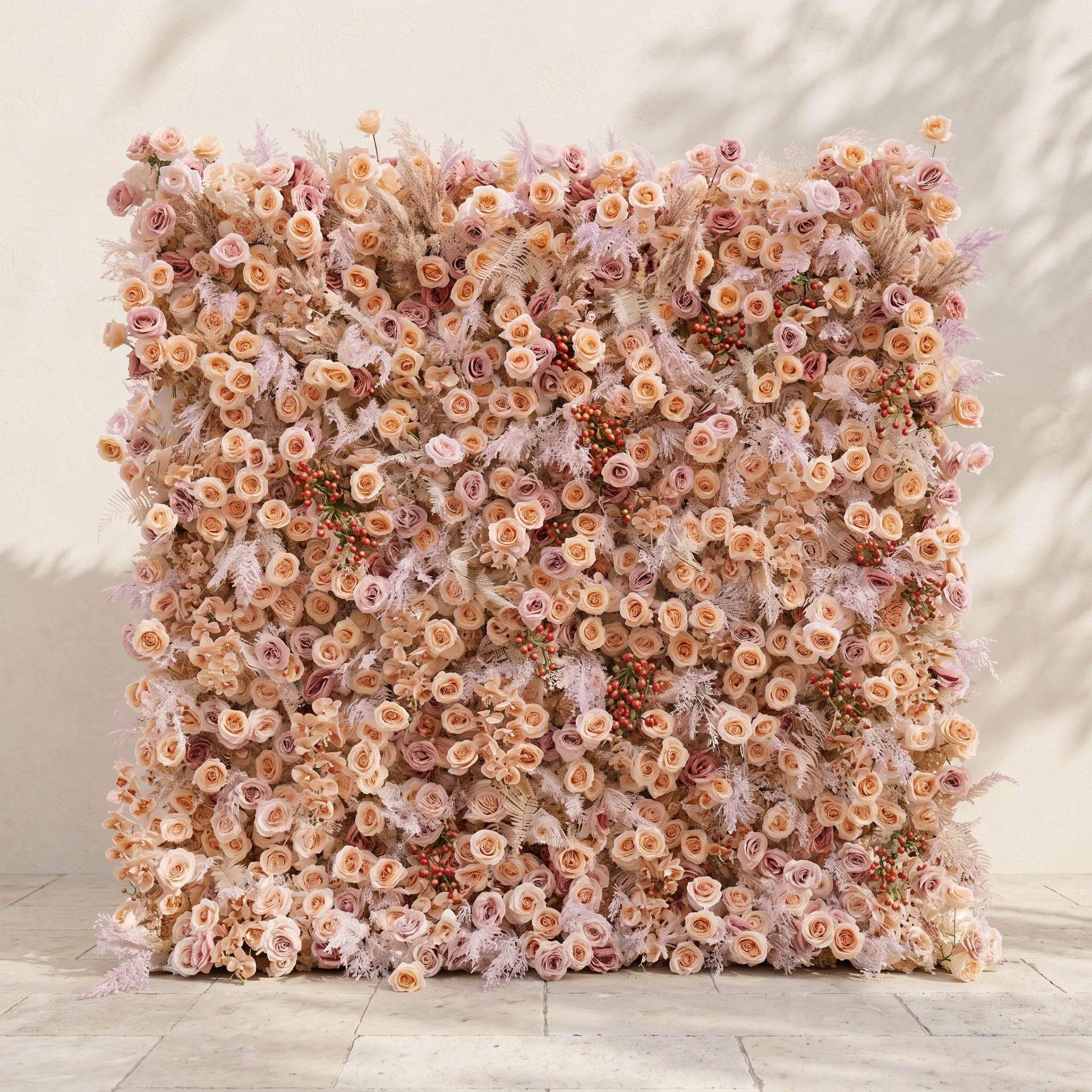 Valsira: Luxury 5D Champagne & Peach Silk Rose Flower Wall with Autumn Berries for Romantic Manor Weddings