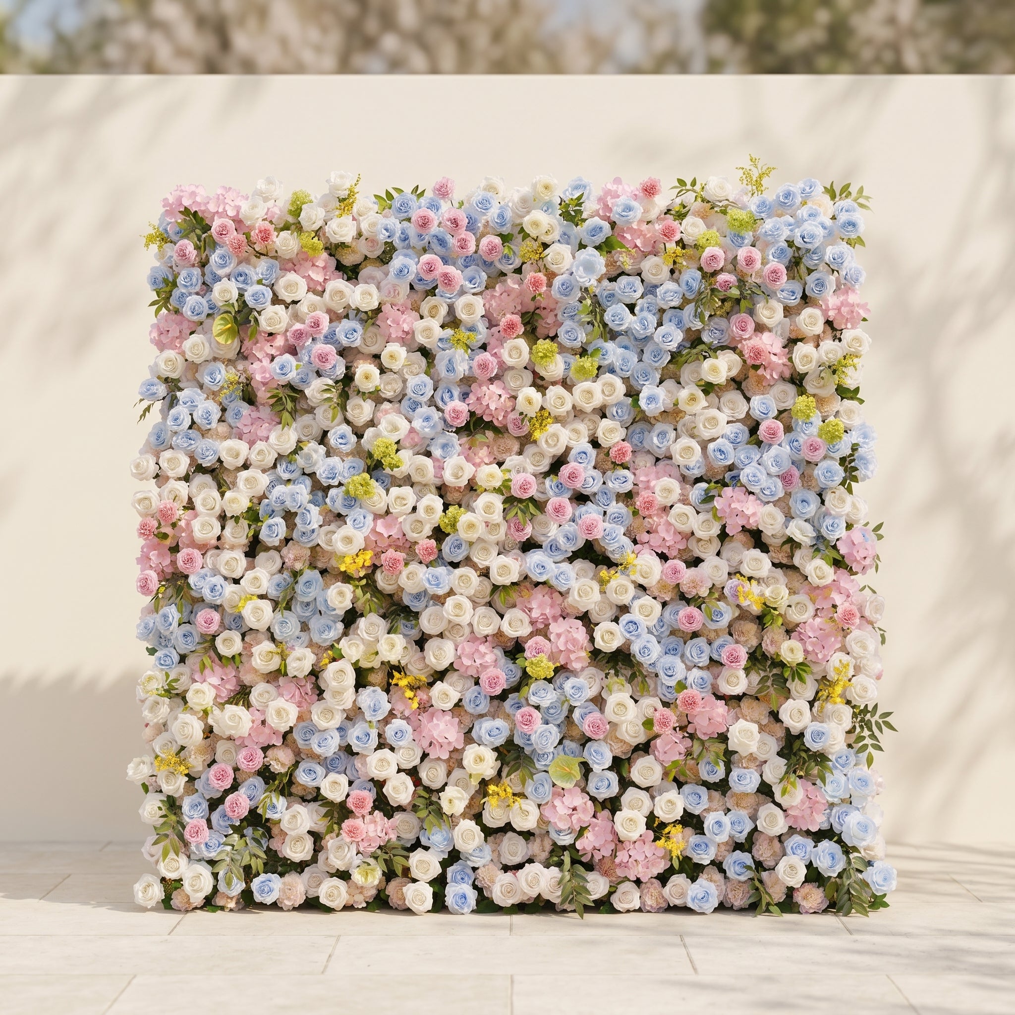 Calora:5D Dusty Blue, Blush Pink & Ivory White Silk Rose Flower Wall Roll-Up Fabric Backdrop for Romantic Weddings & Proposals