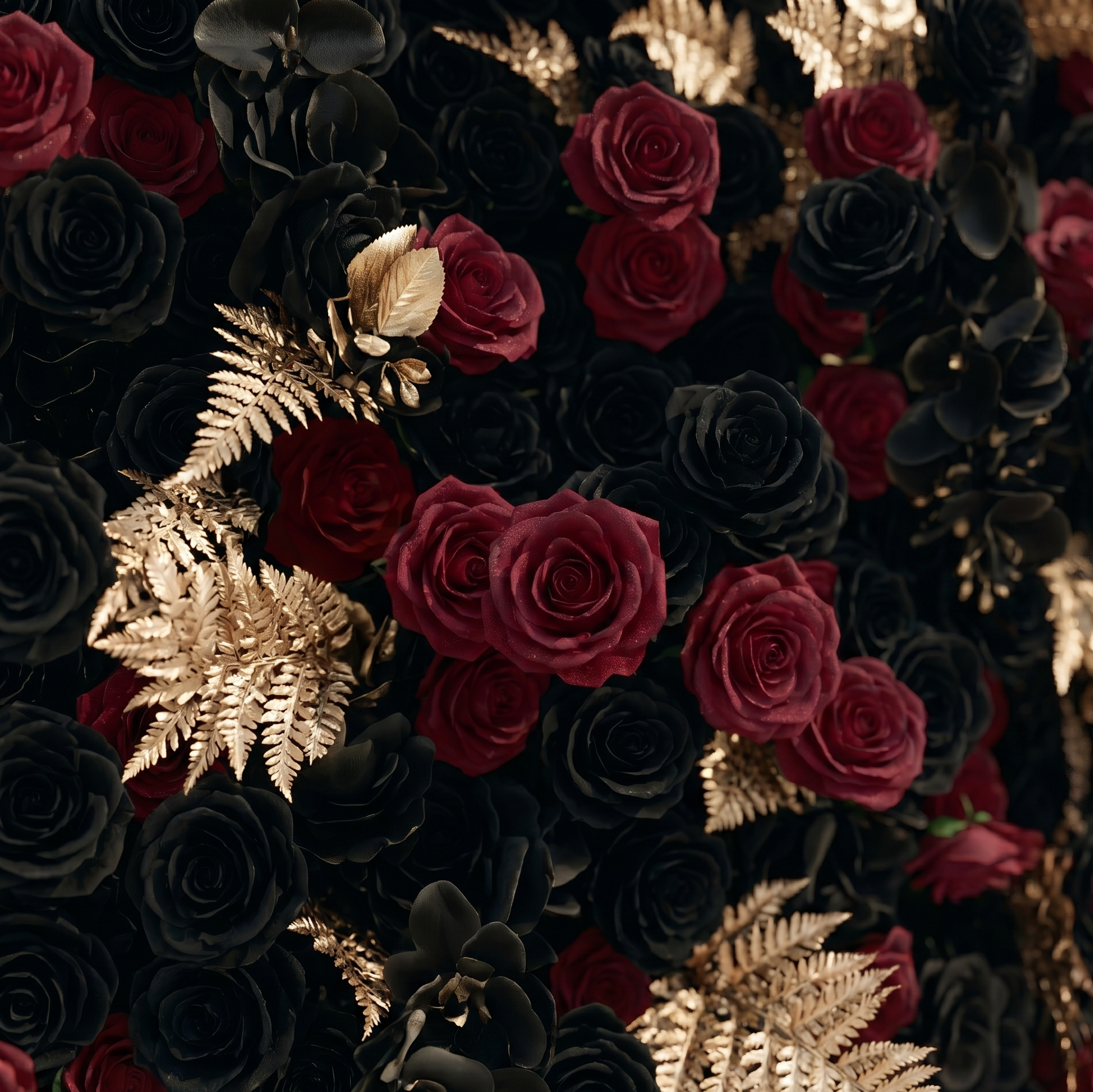 Camilavia: Luxury 5D Black, Burgundy & Gold Silk Floral Wall Roll-Up Backdrop for Opulent Gothic Weddings